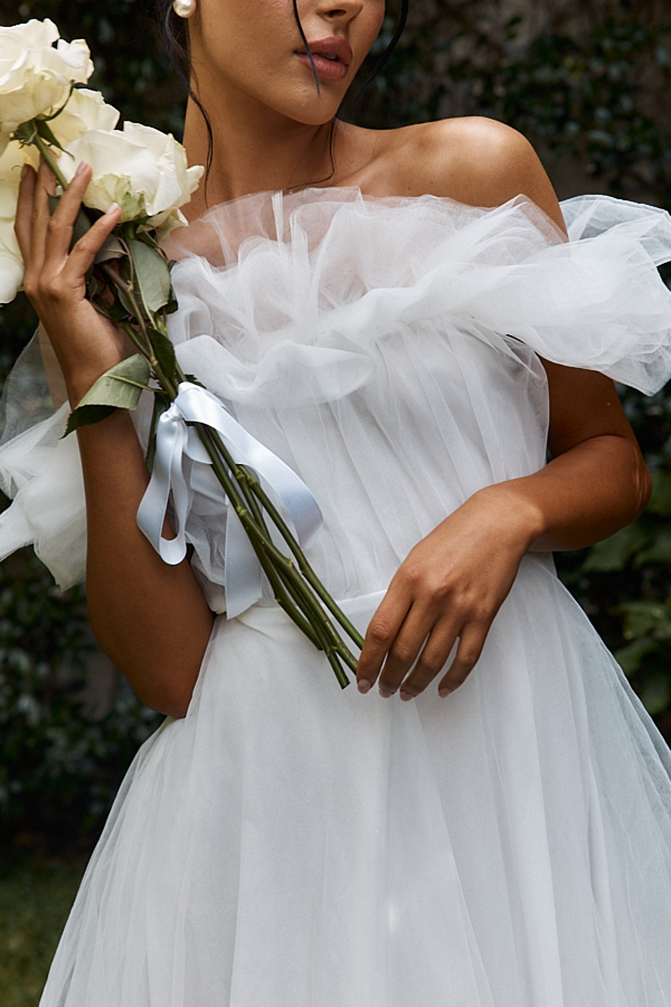 May Rose Off-Shoulder Tulle Midi Dress Off White by Selfie Leslie Australia