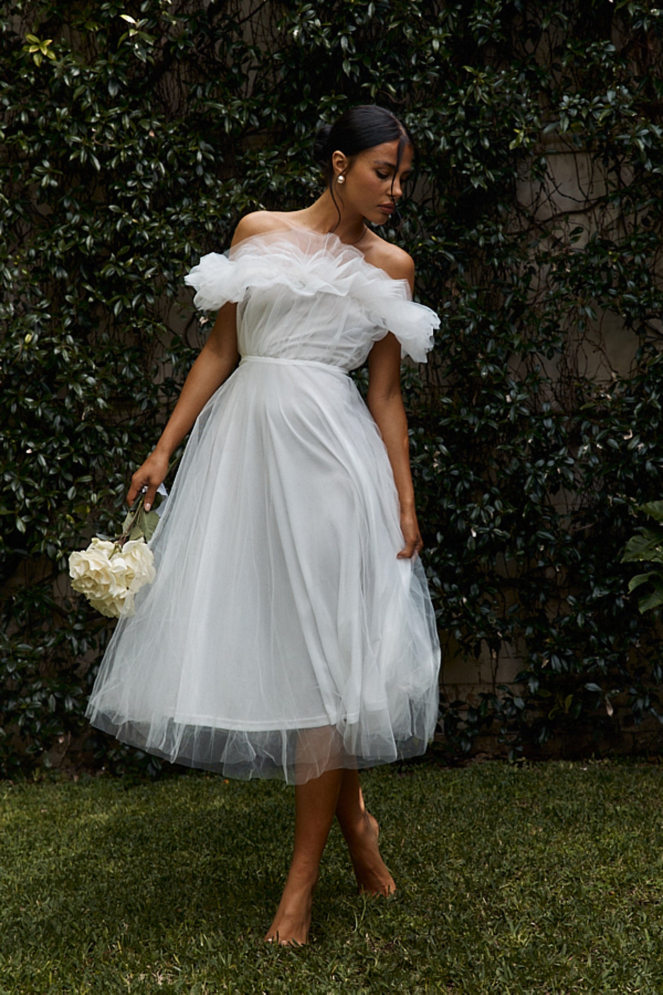 May Rose Off-Shoulder Tulle Midi Dress Off White by Selfie Leslie Australia