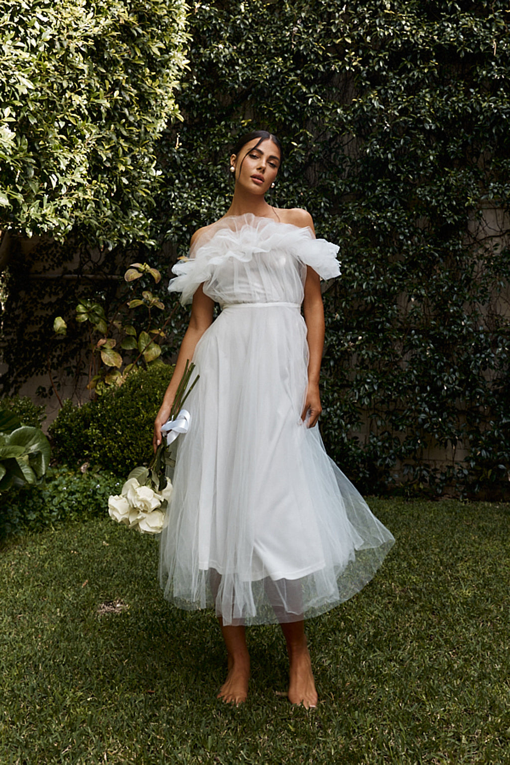 May Rose Off-Shoulder Tulle Midi Dress Off White by Selfie Leslie Australia
