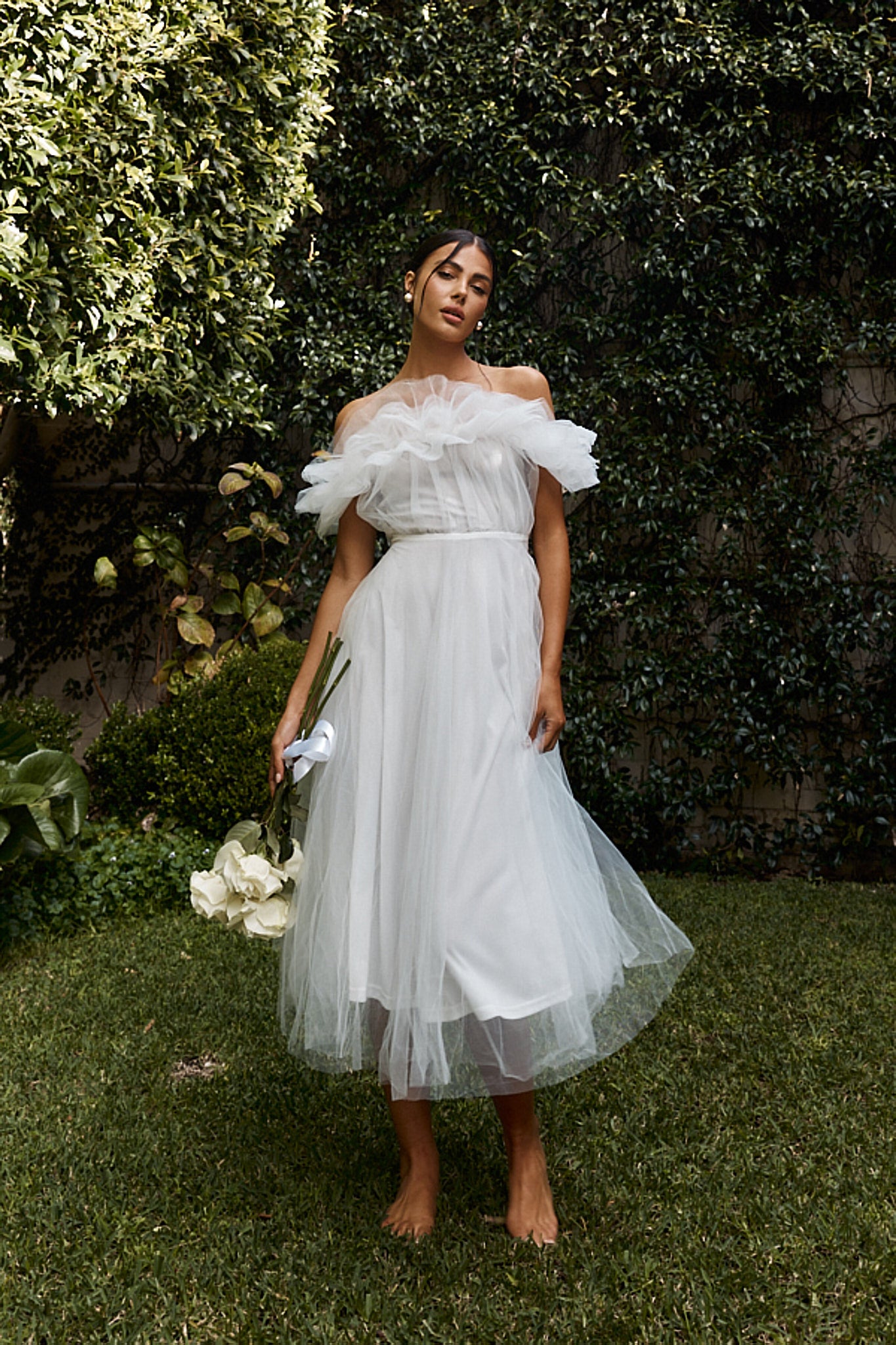 May Rose Off-Shoulder Tulle Midi Dress Off White by Selfie Leslie Australia