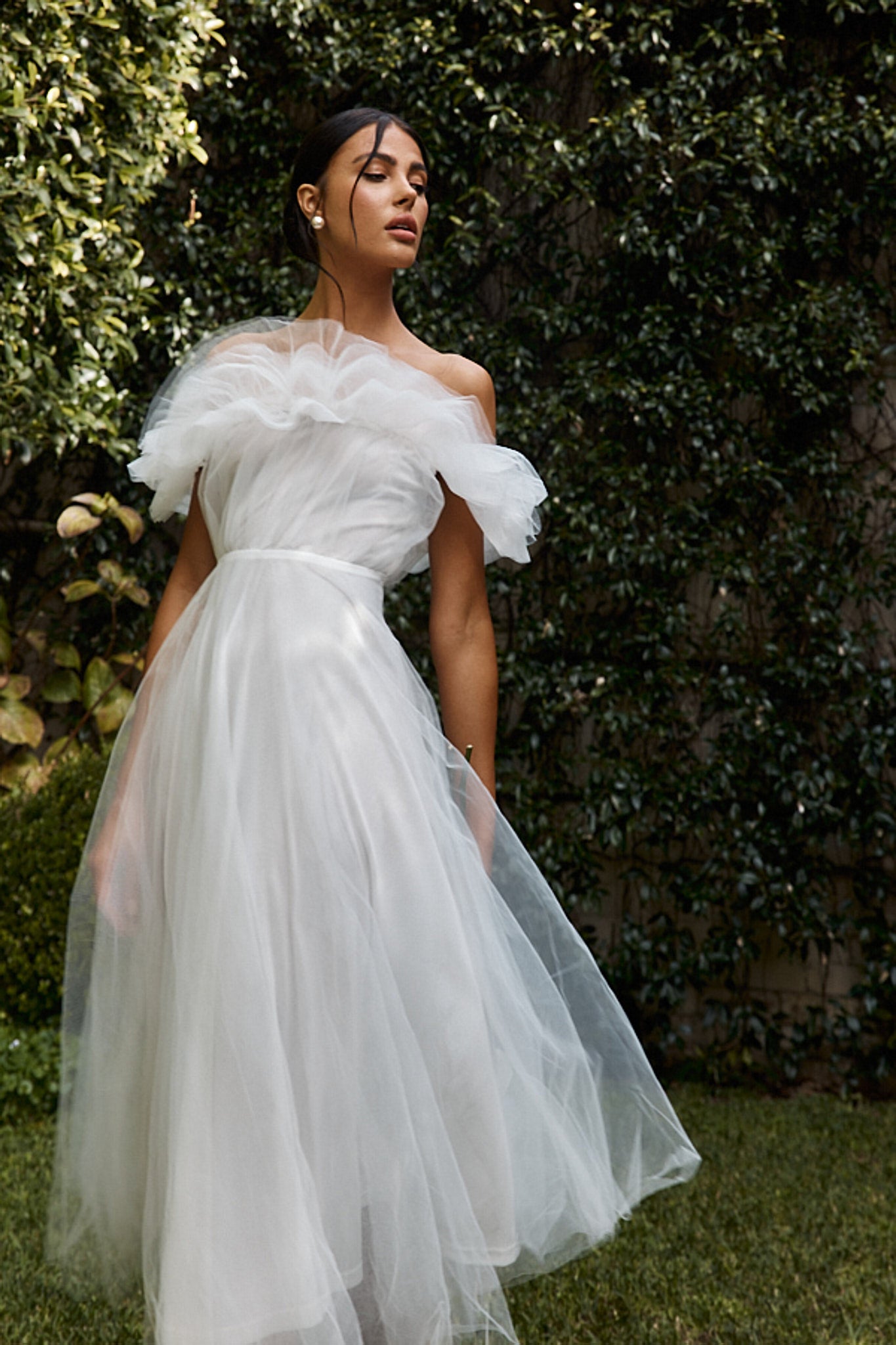 May Rose Off-Shoulder Tulle Midi Dress Off White by Selfie Leslie Australia