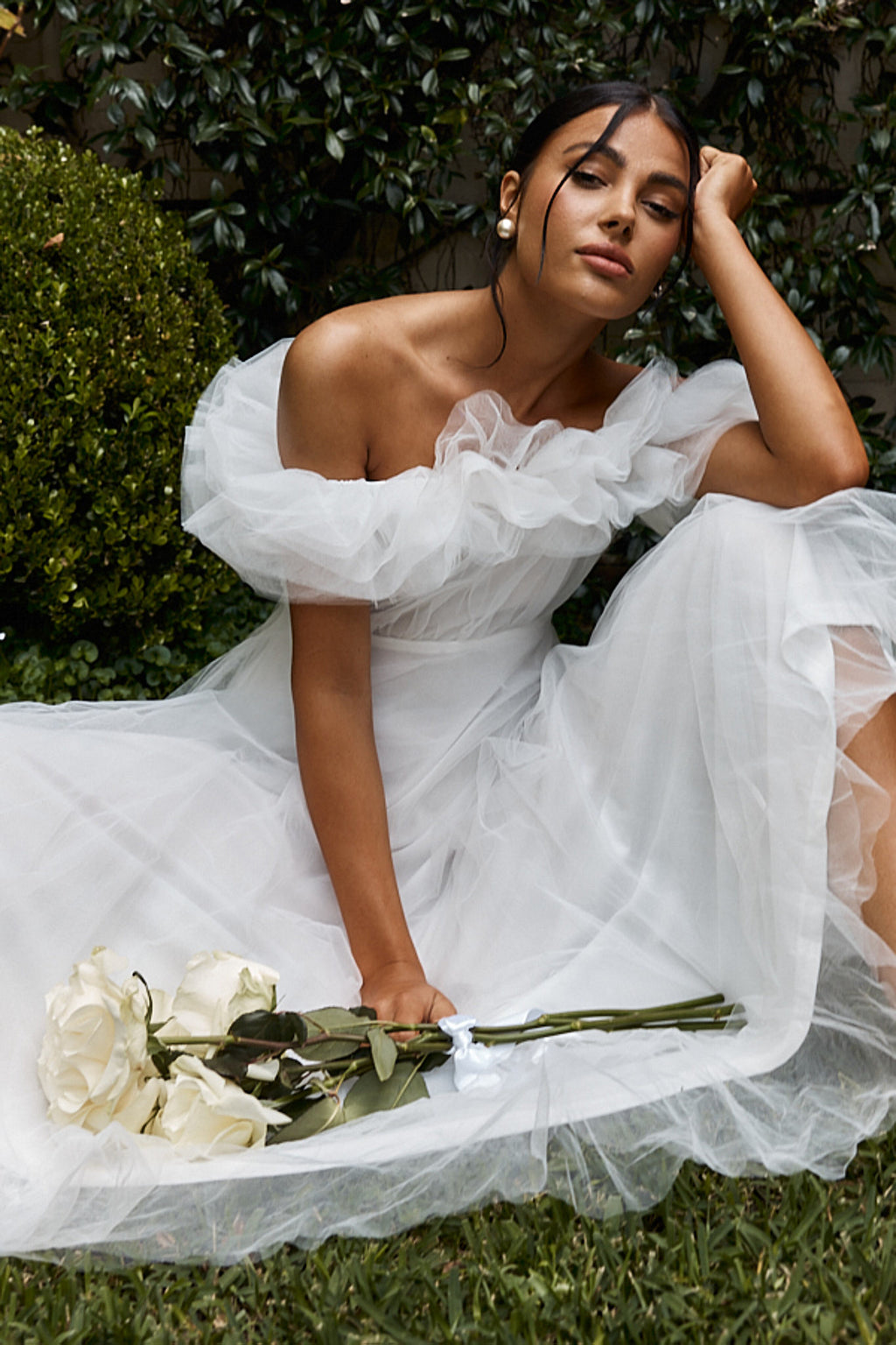 May Rose Off-Shoulder Tulle Midi Dress Off White by Selfie Leslie Australia