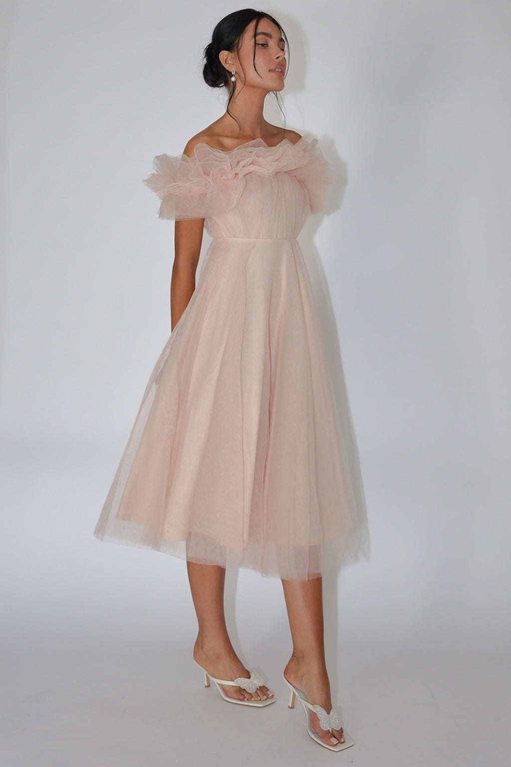 May Rose Off-Shoulder Tulle Midi Dress Taupe by Selfie Leslie Australia