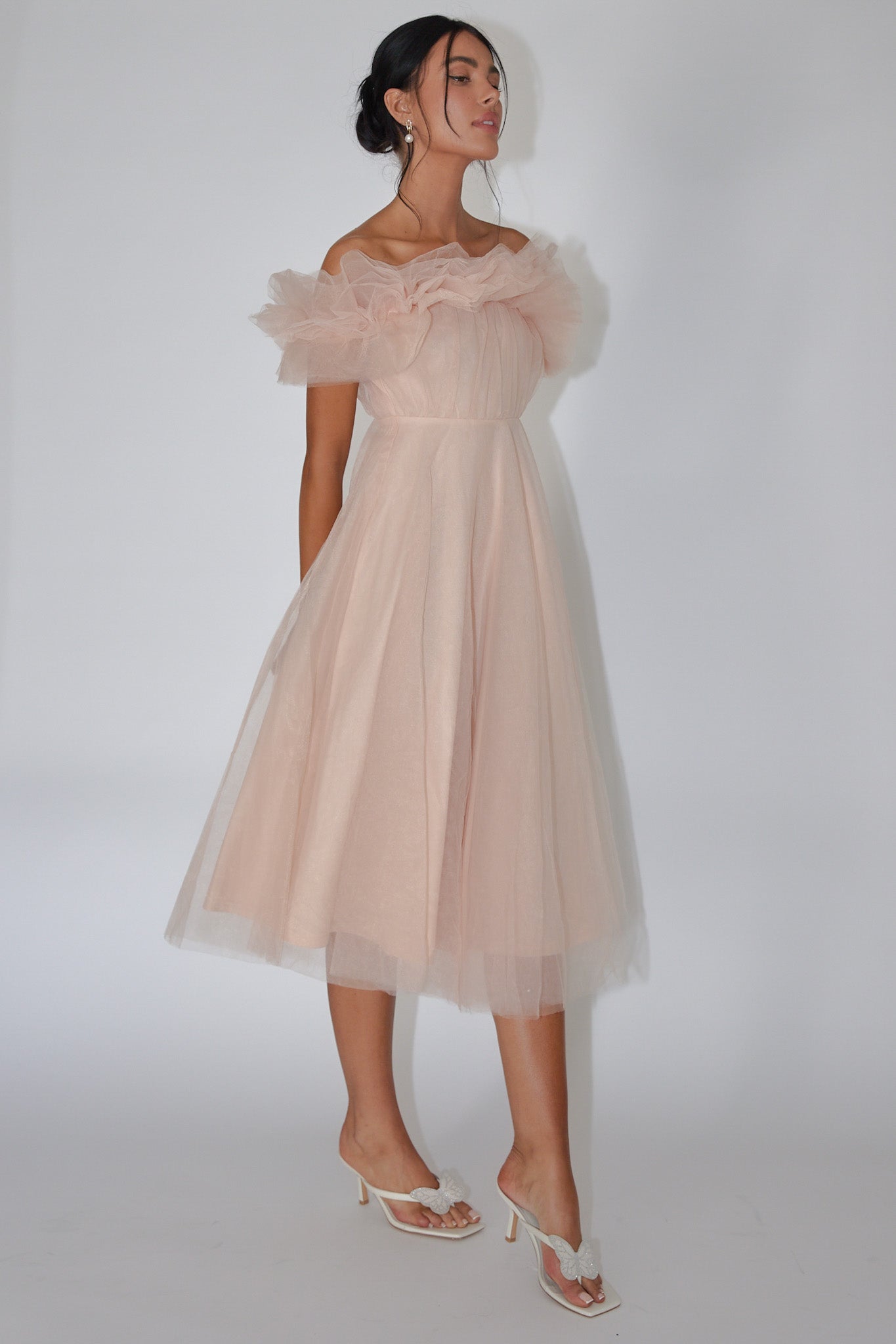 May Rose Off-Shoulder Tulle Midi Dress Taupe by Selfie Leslie Australia