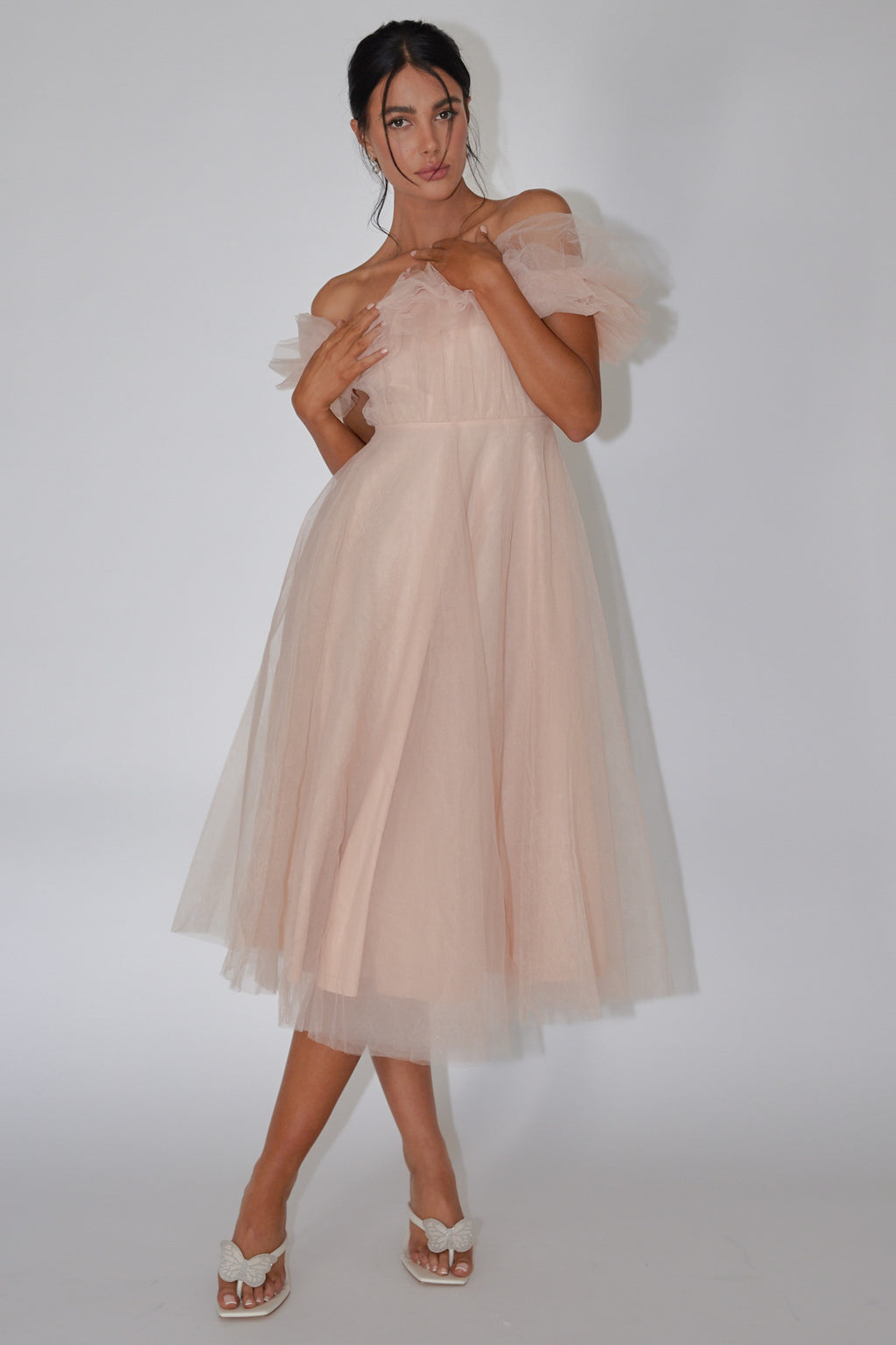 May Rose Off-Shoulder Tulle Midi Dress Taupe by Selfie Leslie Australia