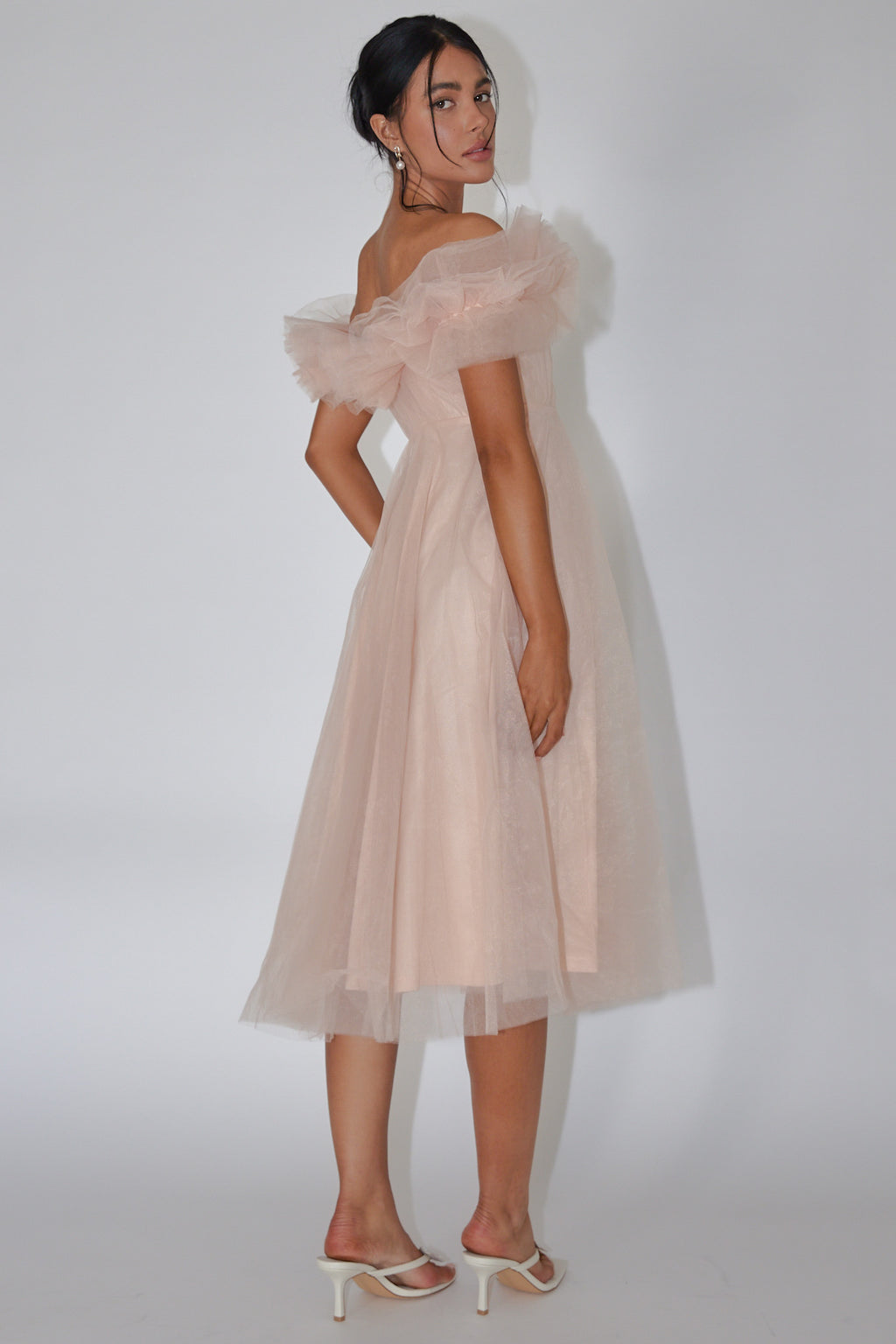 May Rose Off-Shoulder Tulle Midi Dress Taupe by Selfie Leslie Australia