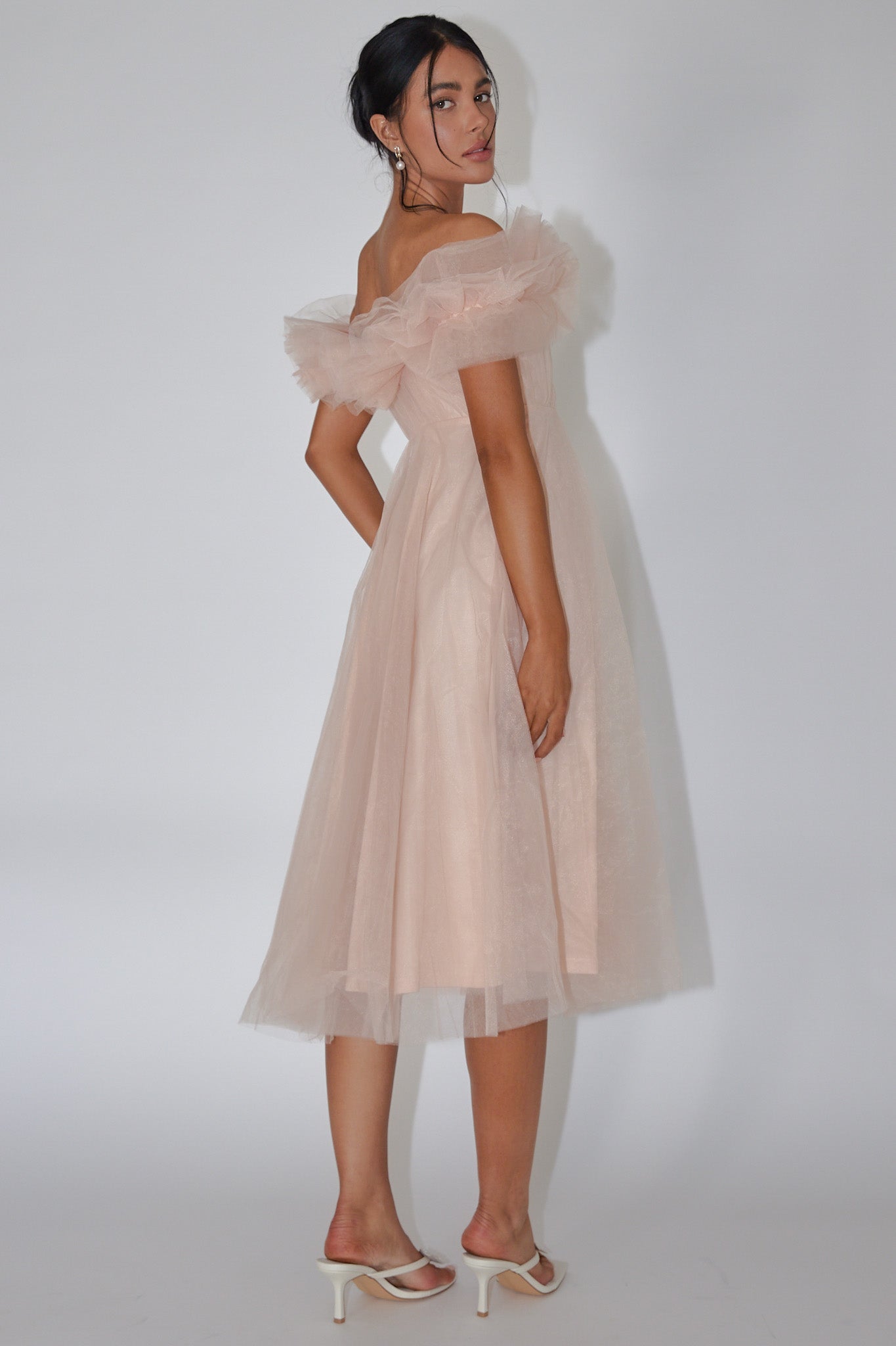 May Rose Off-Shoulder Tulle Midi Dress Taupe by Selfie Leslie Australia