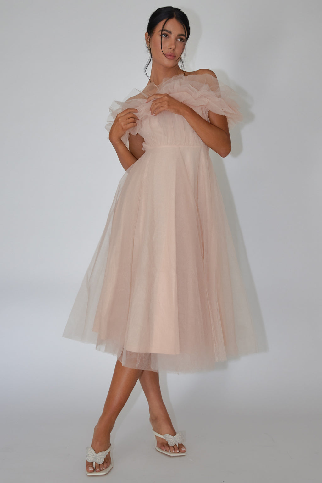 May Rose Off-Shoulder Tulle Midi Dress Taupe by Selfie Leslie Australia