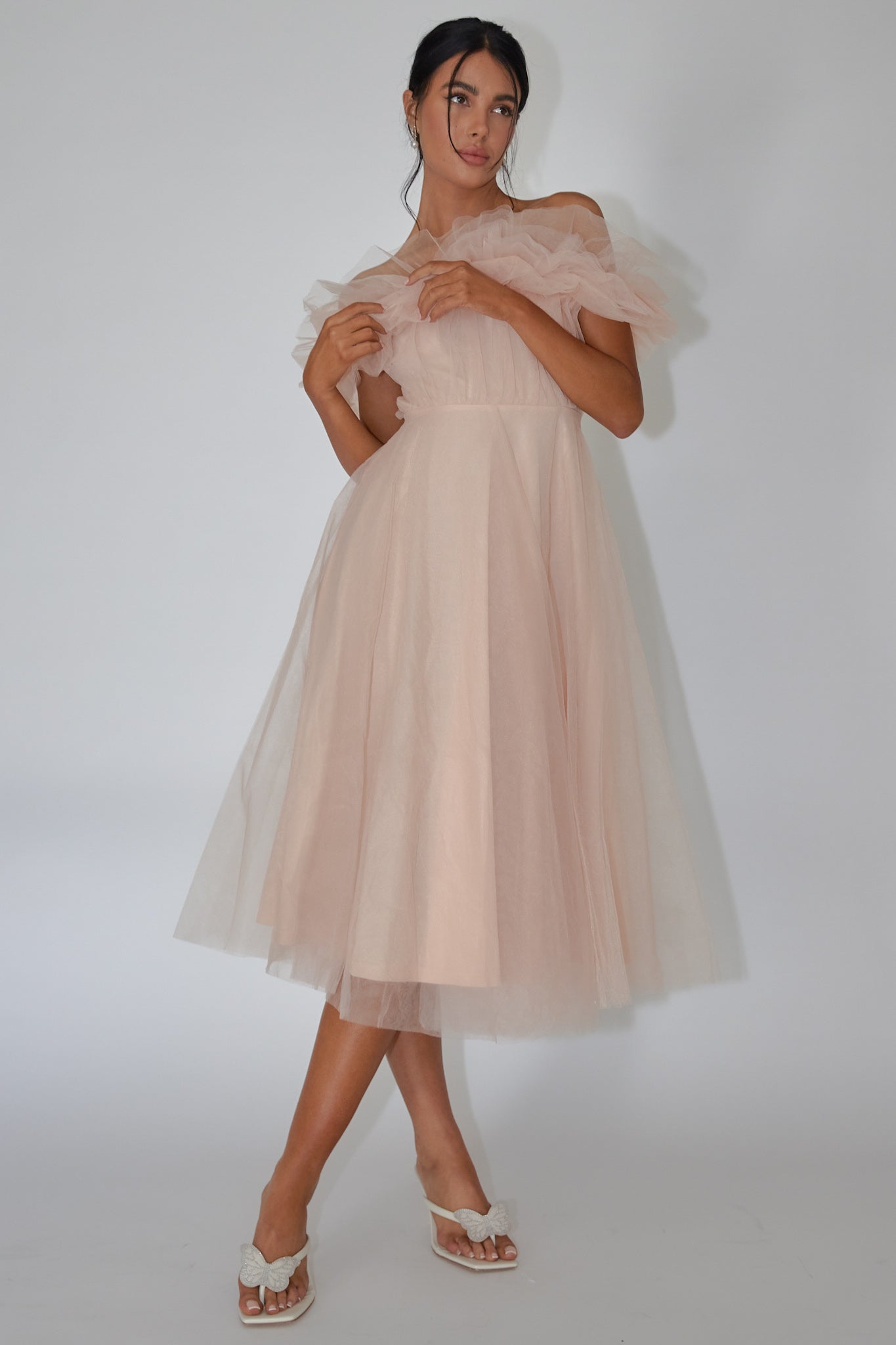 May Rose Off-Shoulder Tulle Midi Dress Taupe by Selfie Leslie Australia