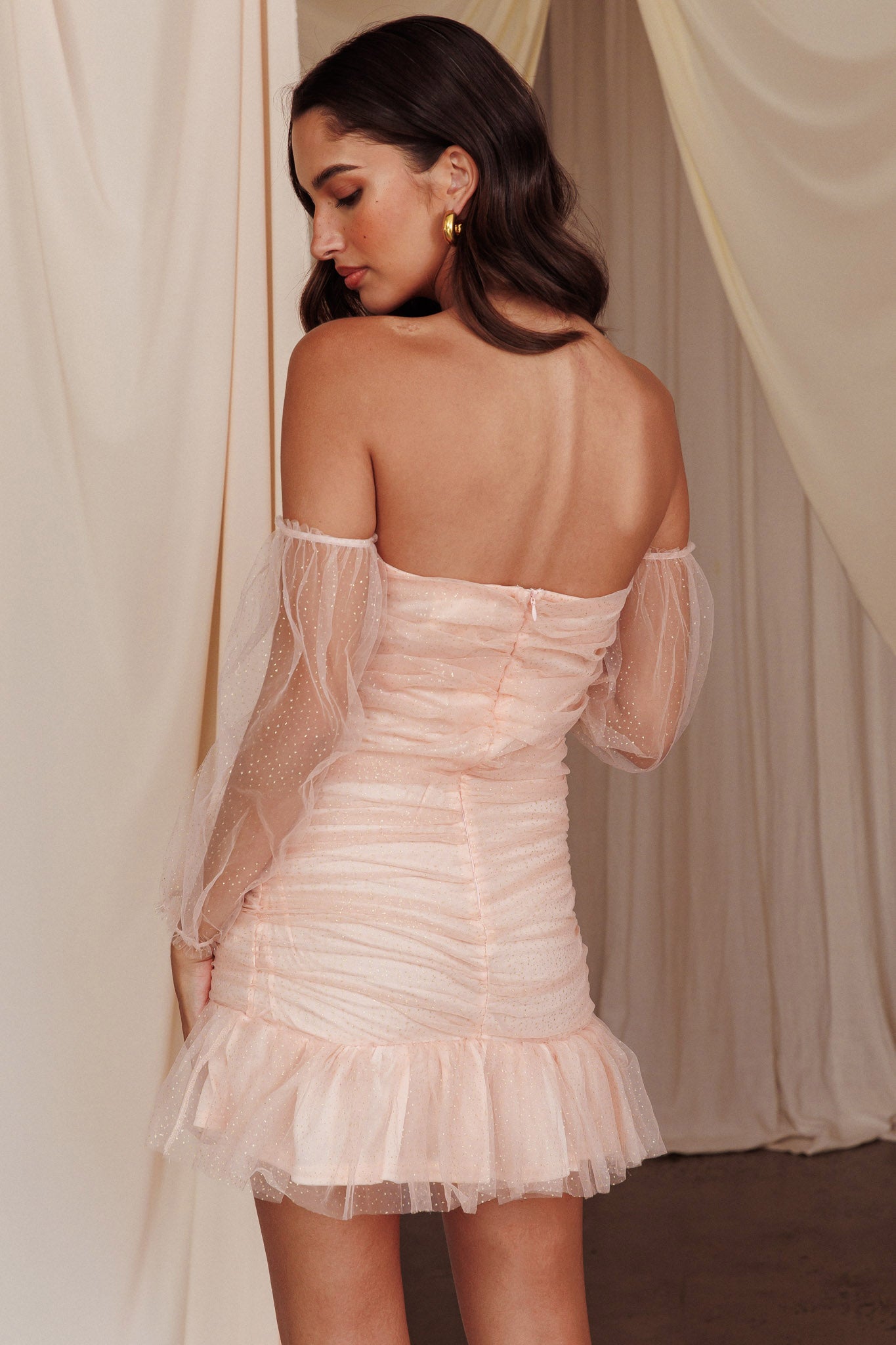 Moment In Time Off-Shoulder Mini Dress Peach/Gold by Selfie Leslie Australia