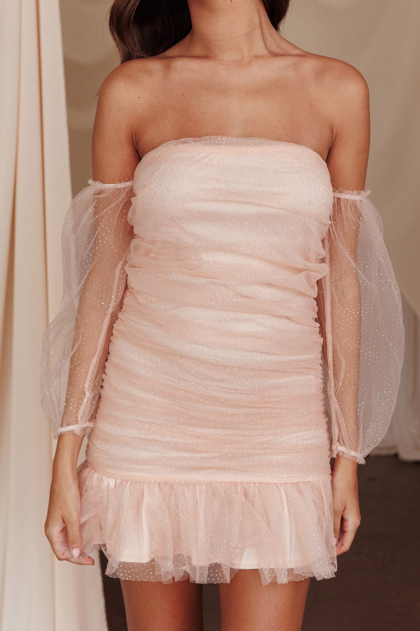 Moment In Time Off-Shoulder Mini Dress Peach/Gold by Selfie Leslie Australia