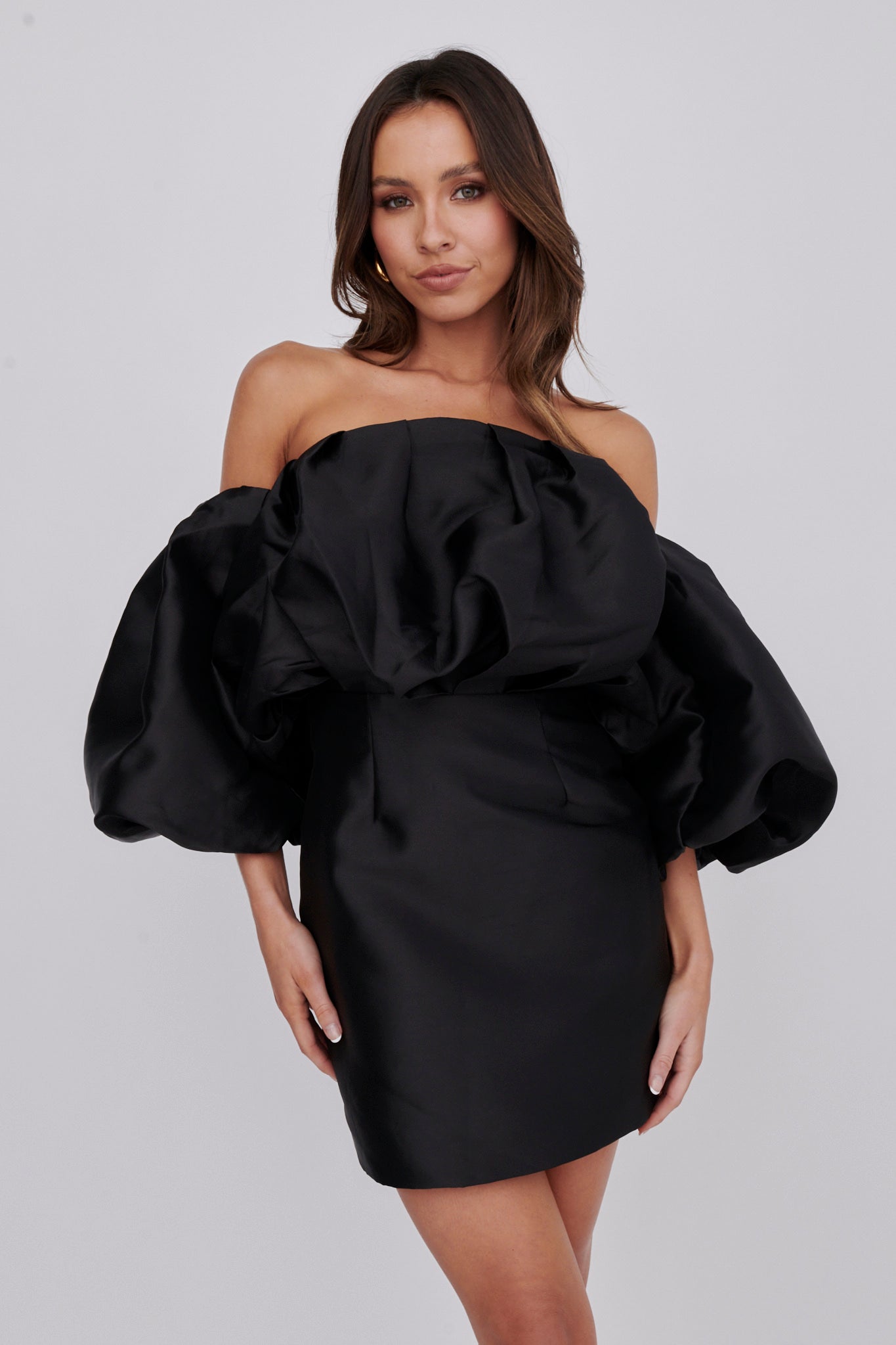 Dream Time Puffed Neckline Mini Dress Black by Selfie Leslie Australia