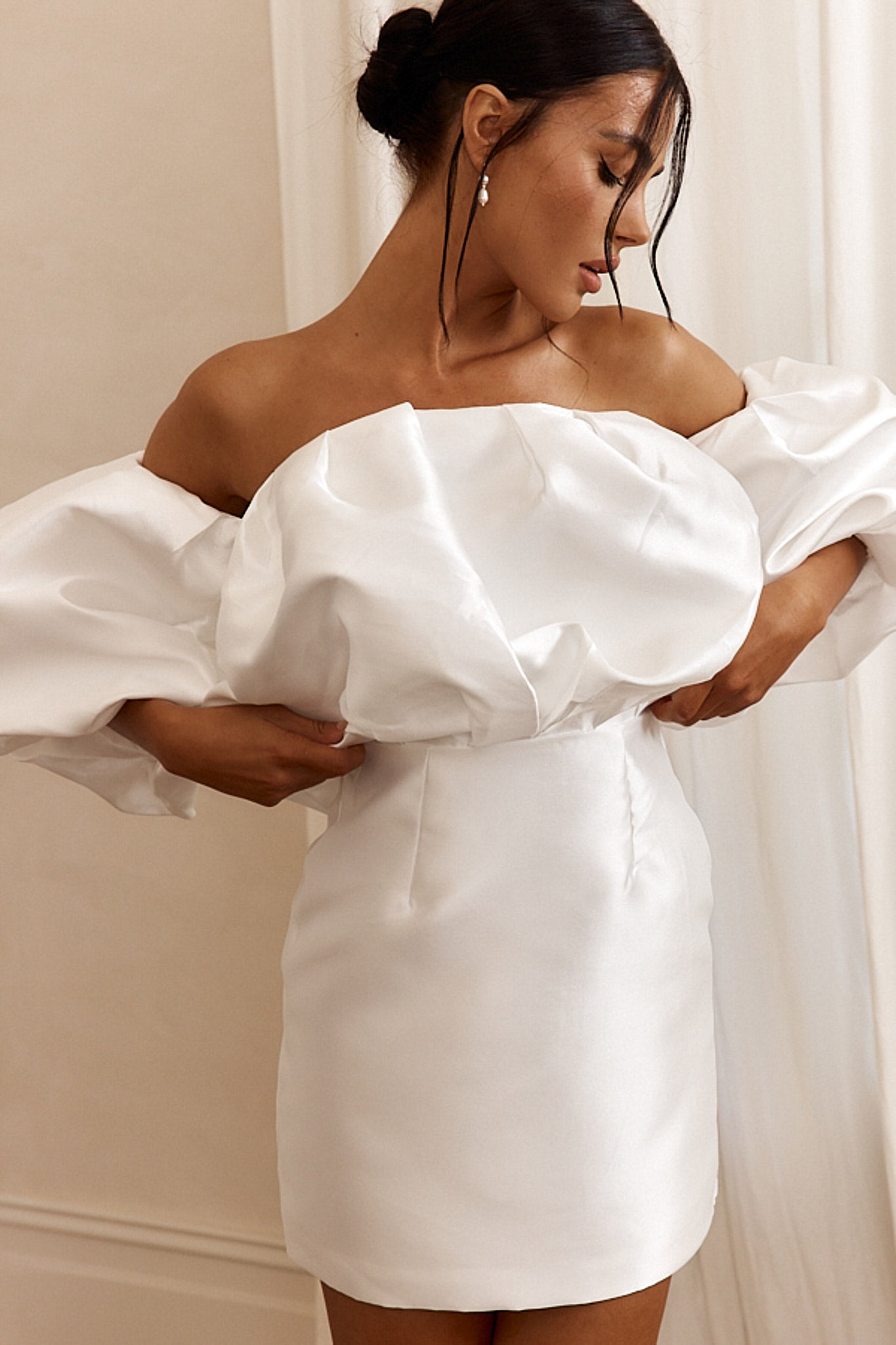Dream Time Puffed Neckline Mini Dress Off White by Selfie Leslie Australia