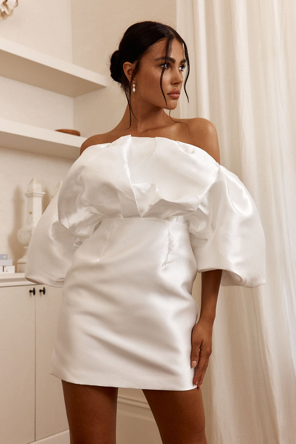 Dream Time Puffed Neckline Mini Dress Off White by Selfie Leslie Australia