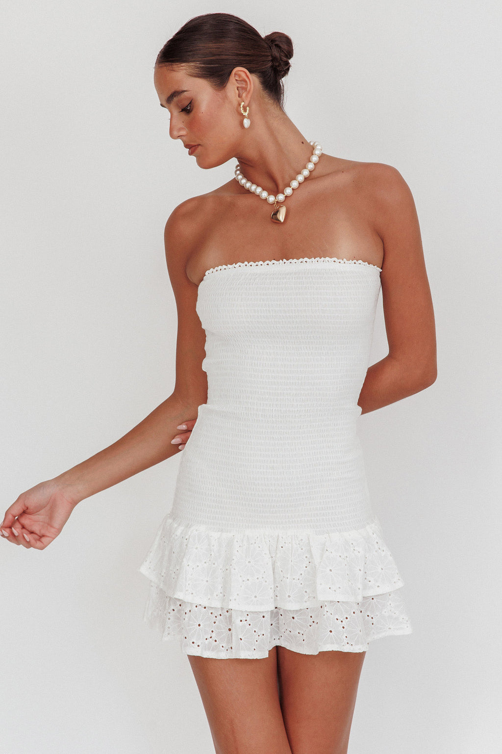 Dream Time Strapless Shirred Mini Dress Off White by Selfie Leslie Australia
