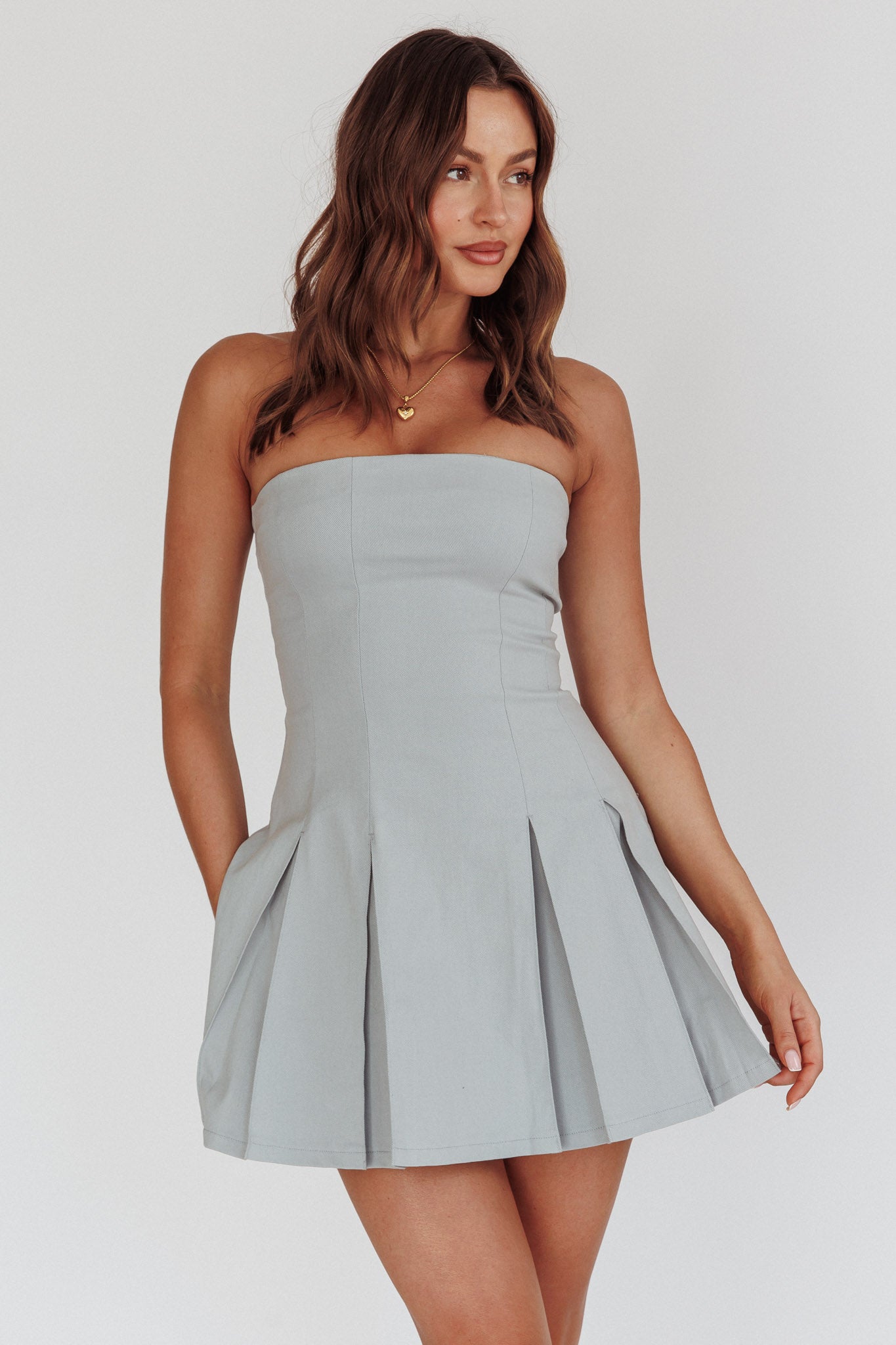 Jeziah Strapless Box Pleat Mini Dress Light Denim by Selfie Leslie Australia