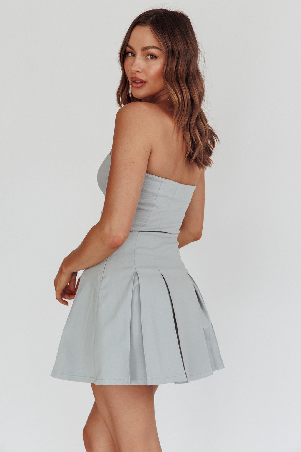 Jeziah Strapless Box Pleat Mini Dress Light Denim by Selfie Leslie Australia