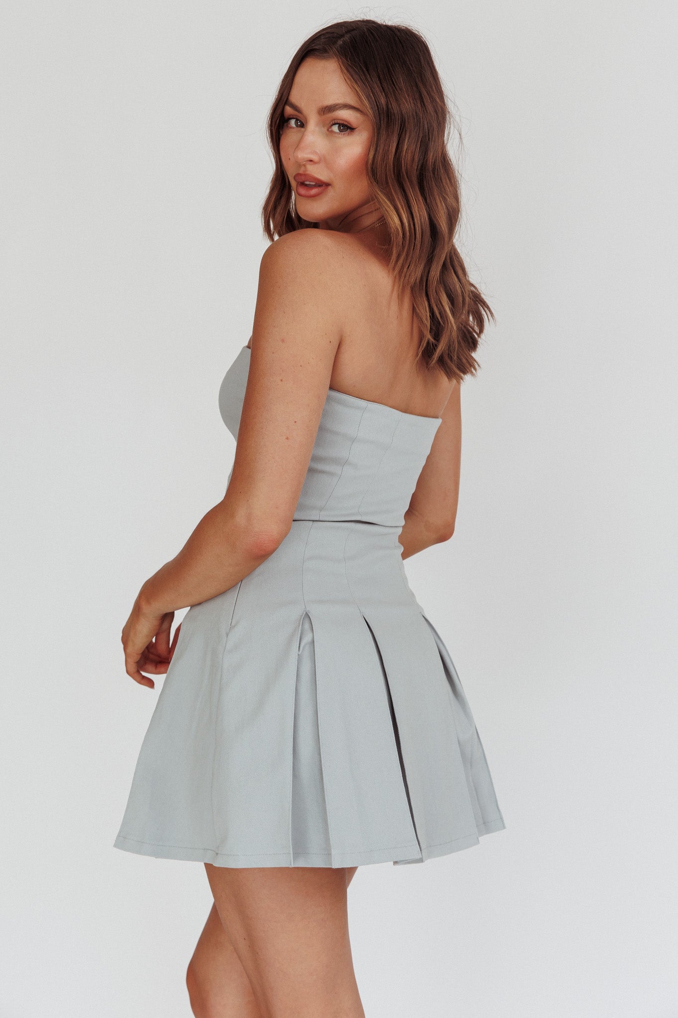 Jeziah Strapless Box Pleat Mini Dress Light Denim by Selfie Leslie Australia