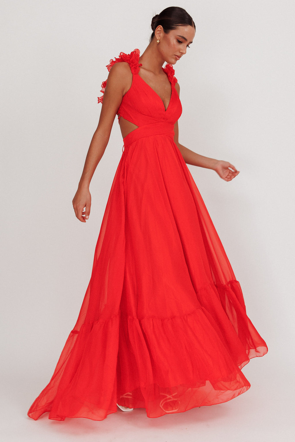 Bellamy Lace-Up Back Ruffle Maxi Dress Red by Selfie Leslie Australia