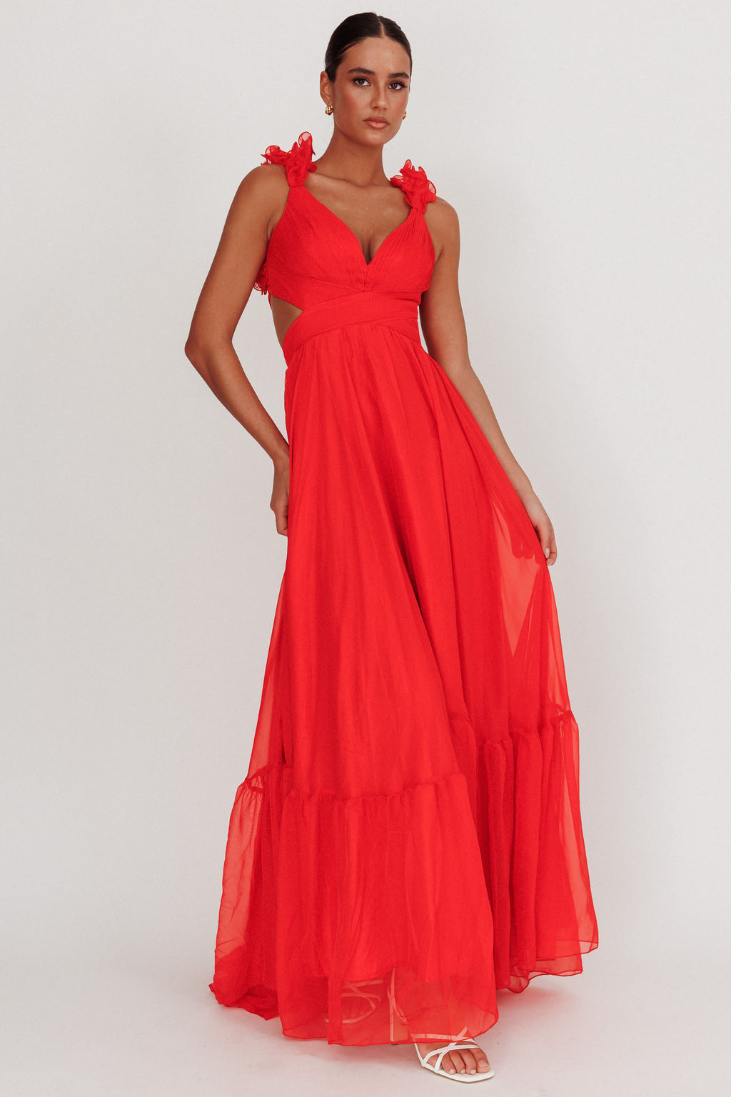 Bellamy Lace-Up Back Ruffle Maxi Dress Red by Selfie Leslie Australia
