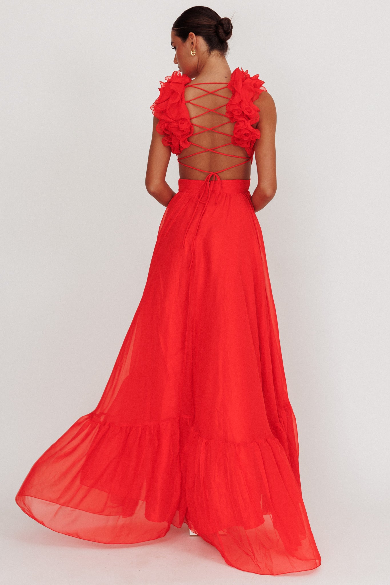 Bellamy Lace-Up Back Ruffle Maxi Dress Red by Selfie Leslie Australia