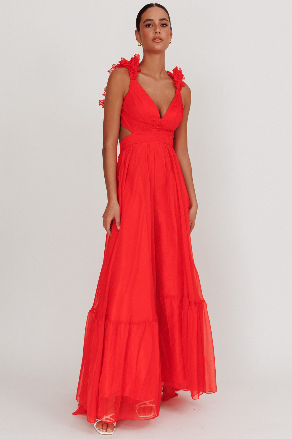 Bellamy Lace-Up Back Ruffle Maxi Dress Red by Selfie Leslie Australia