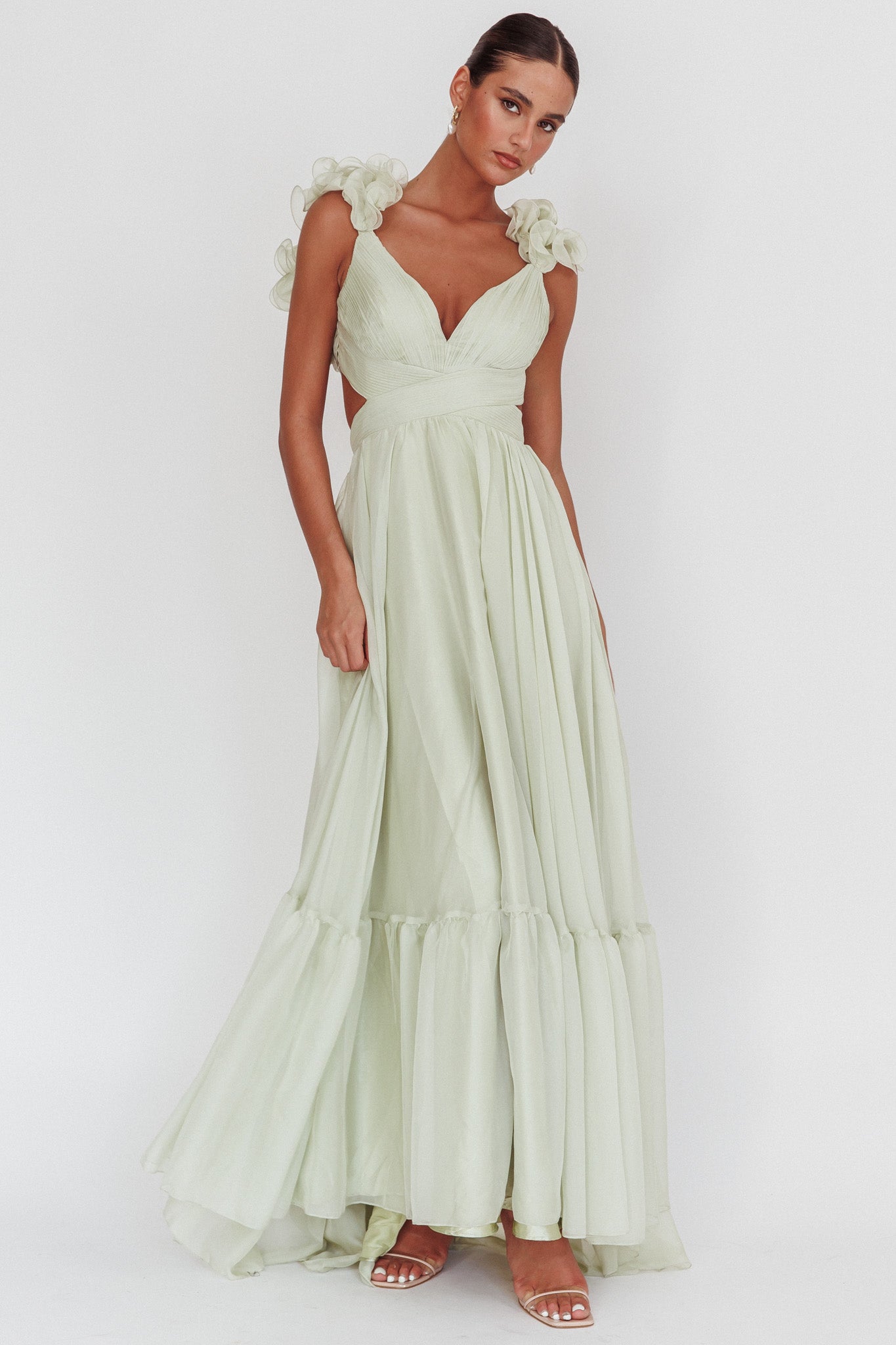 Bellamy Lace-Up Back Ruffle Maxi Dress Sage by Selfie Leslie Australia