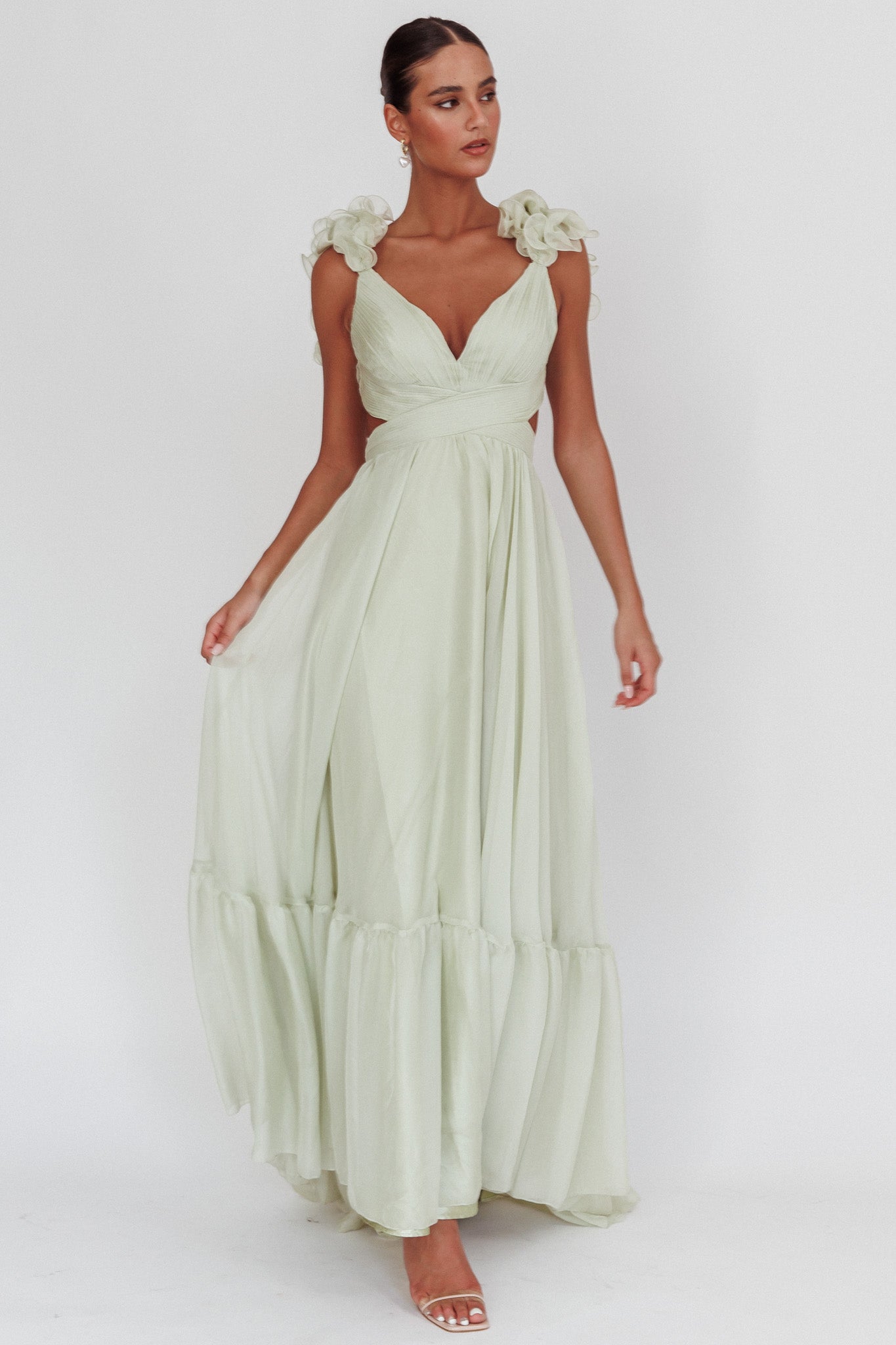Bellamy Lace-Up Back Ruffle Maxi Dress Sage by Selfie Leslie Australia