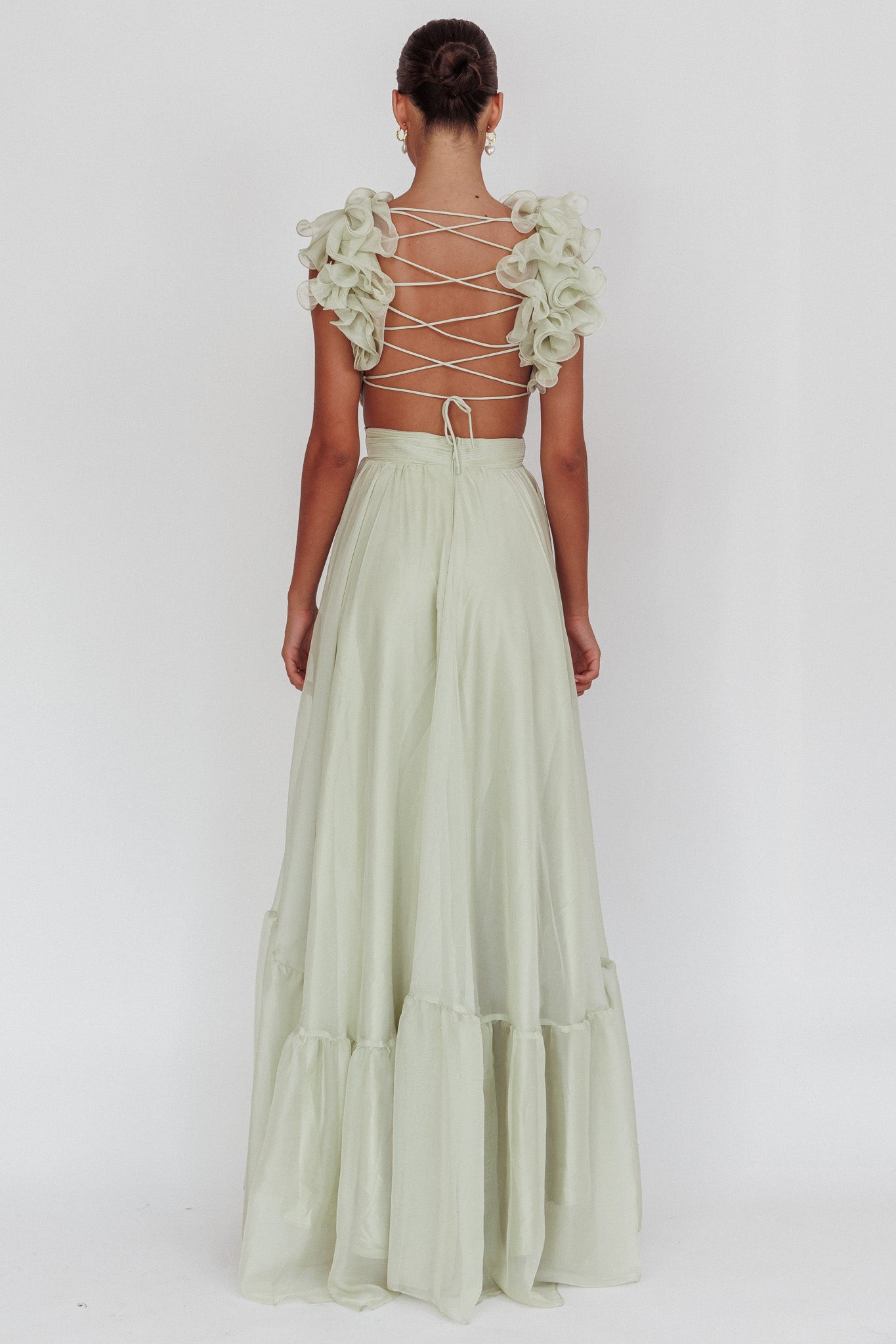 Bellamy Lace-Up Back Ruffle Maxi Dress Sage by Selfie Leslie Australia