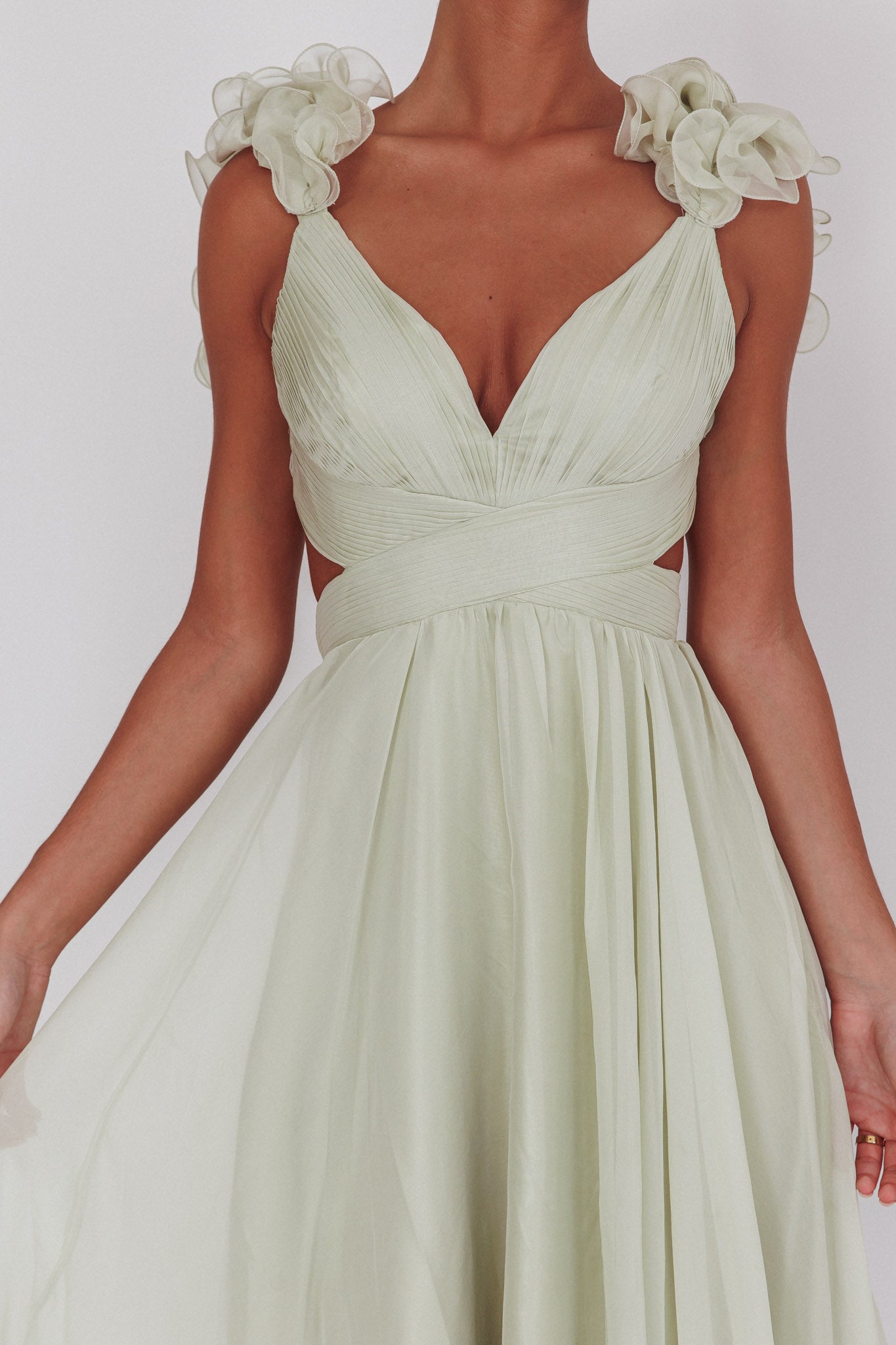 Bellamy Lace-Up Back Ruffle Maxi Dress Sage by Selfie Leslie Australia