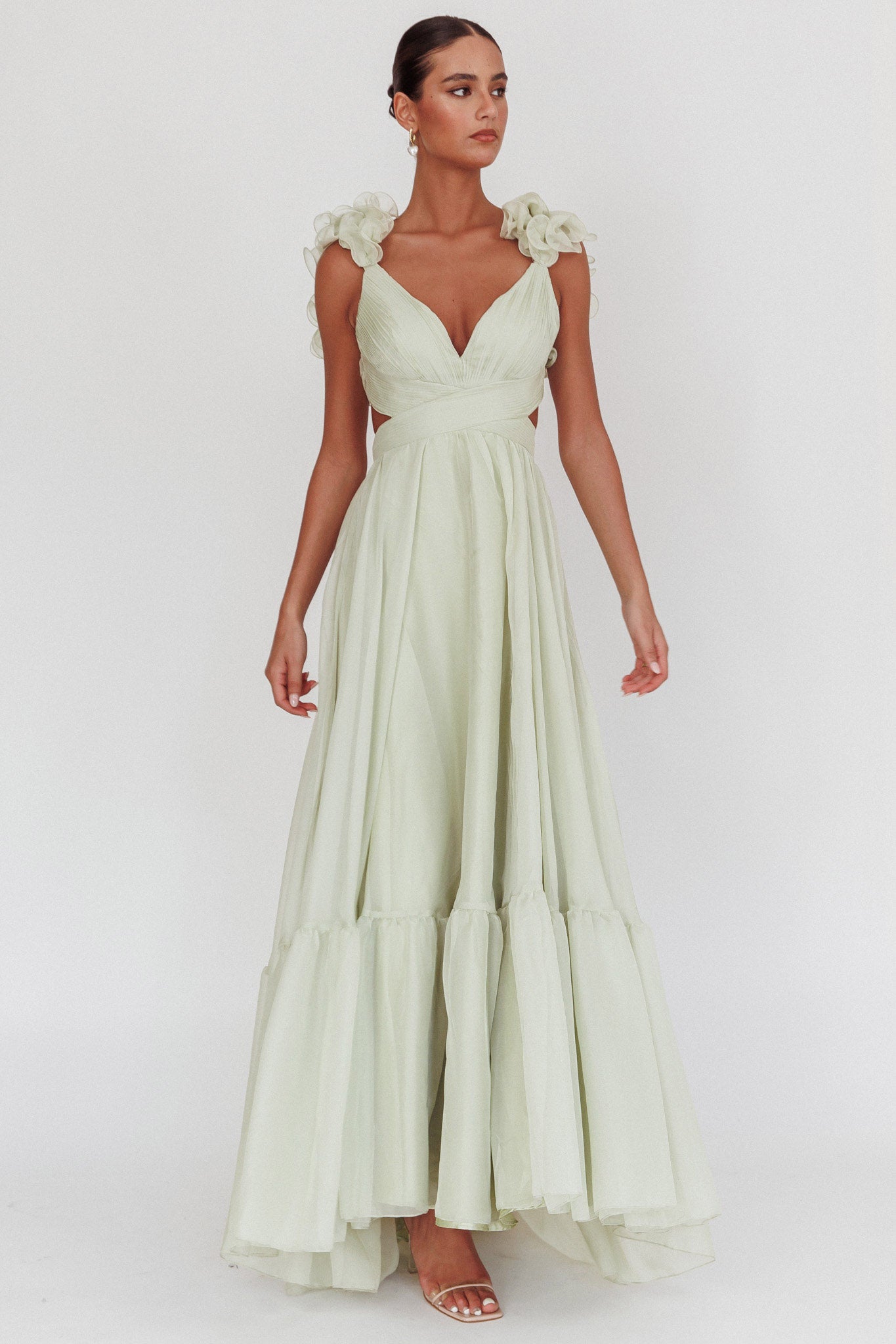 Bellamy Lace-Up Back Ruffle Maxi Dress Sage by Selfie Leslie Australia