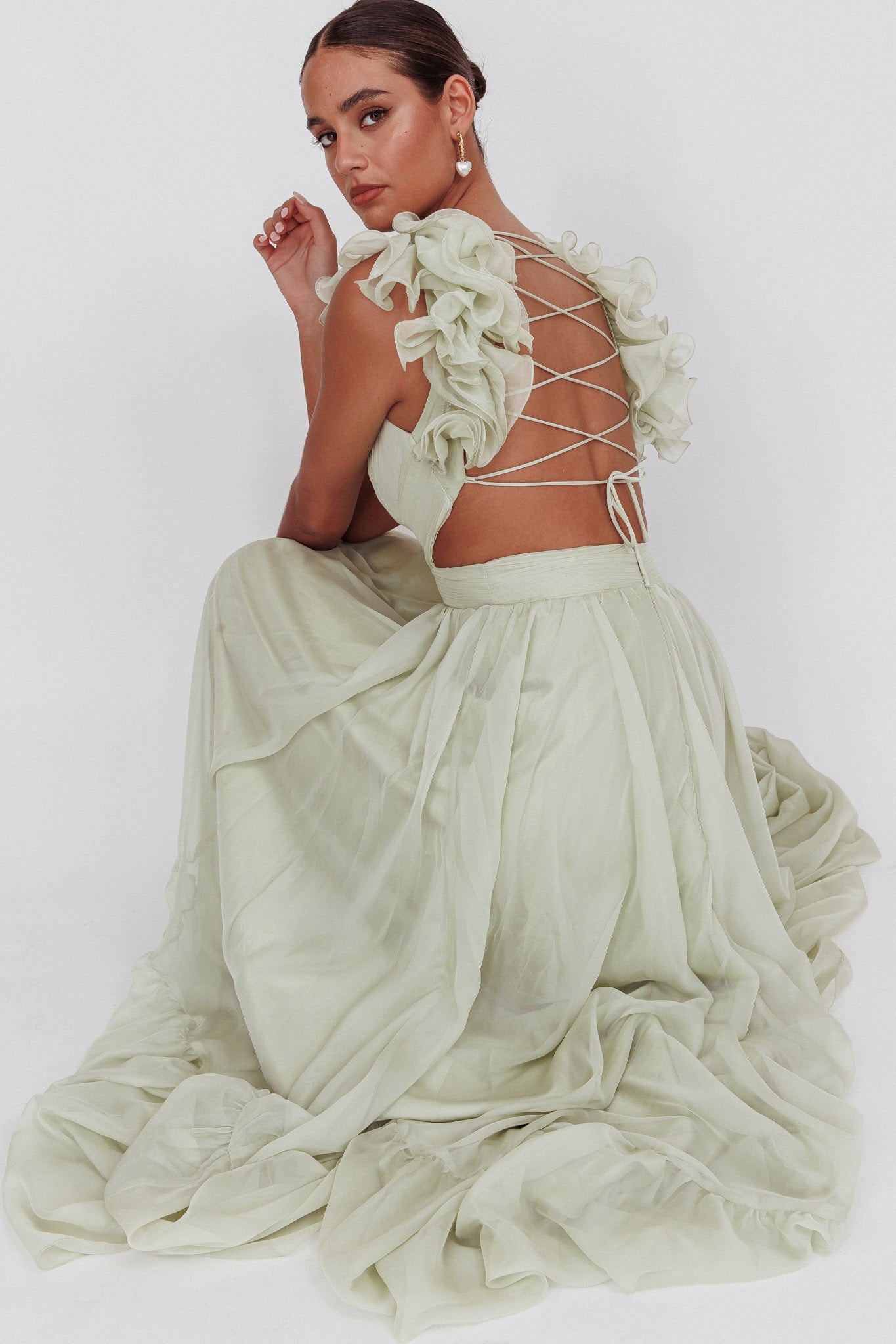 Bellamy Lace-Up Back Ruffle Maxi Dress Sage by Selfie Leslie Australia