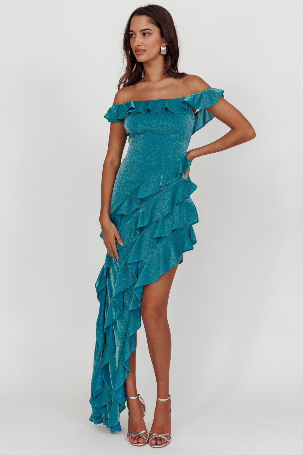 So Into You Off Shoulder Glitter Ruffle Dress Jade by Selfie Leslie Australia