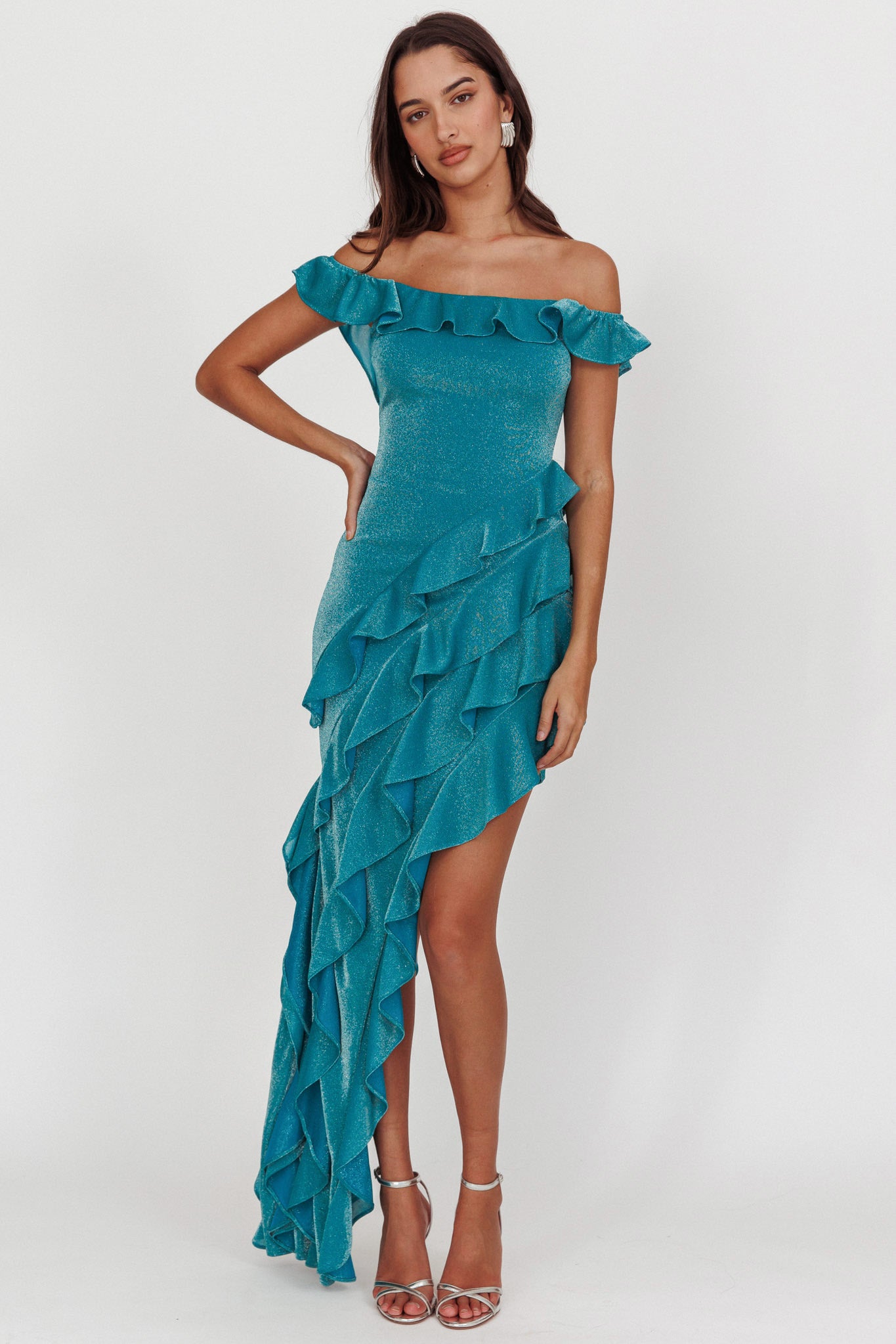 So Into You Off Shoulder Glitter Ruffle Dress Jade by Selfie Leslie Australia