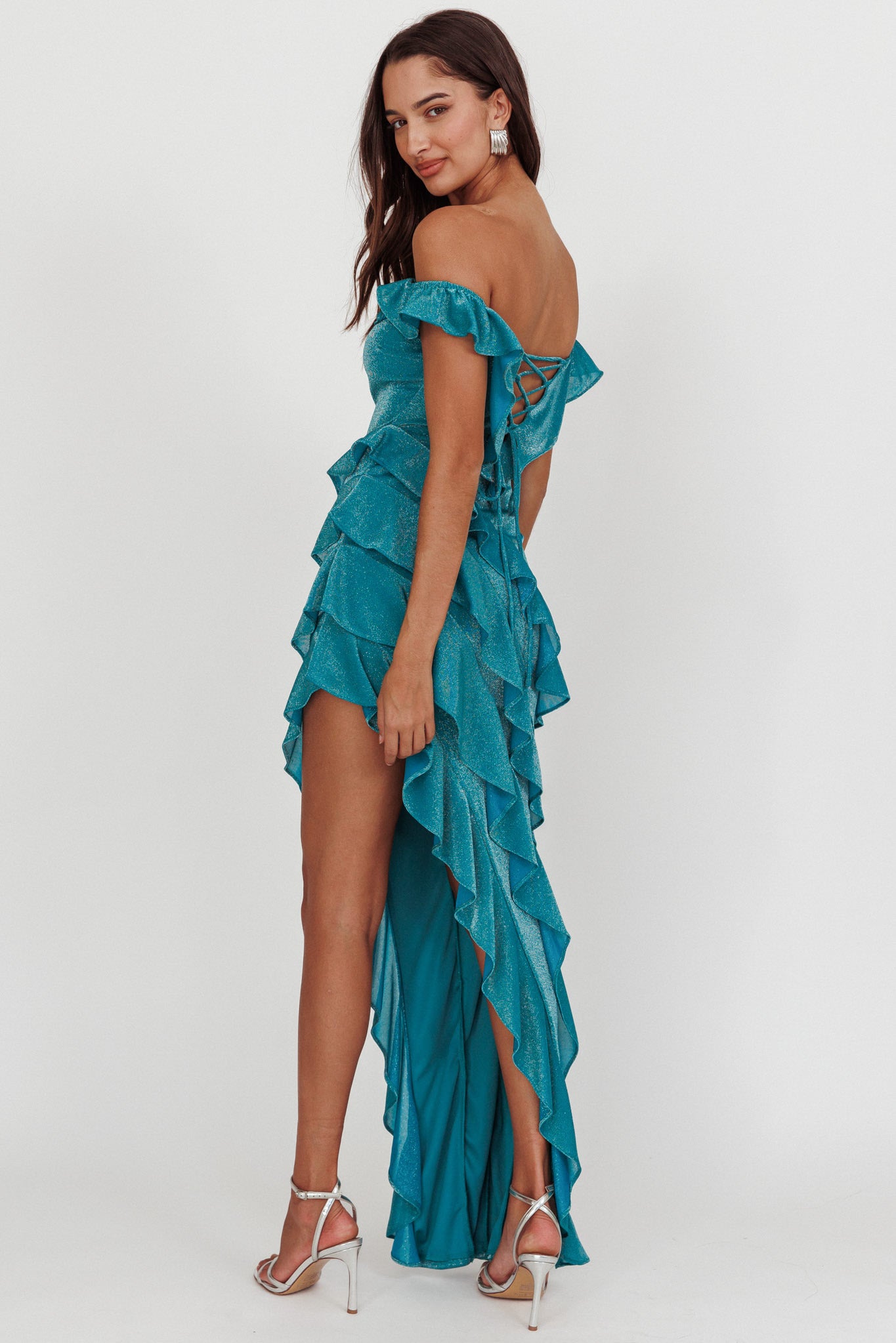 So Into You Off Shoulder Glitter Ruffle Dress Jade by Selfie Leslie Australia
