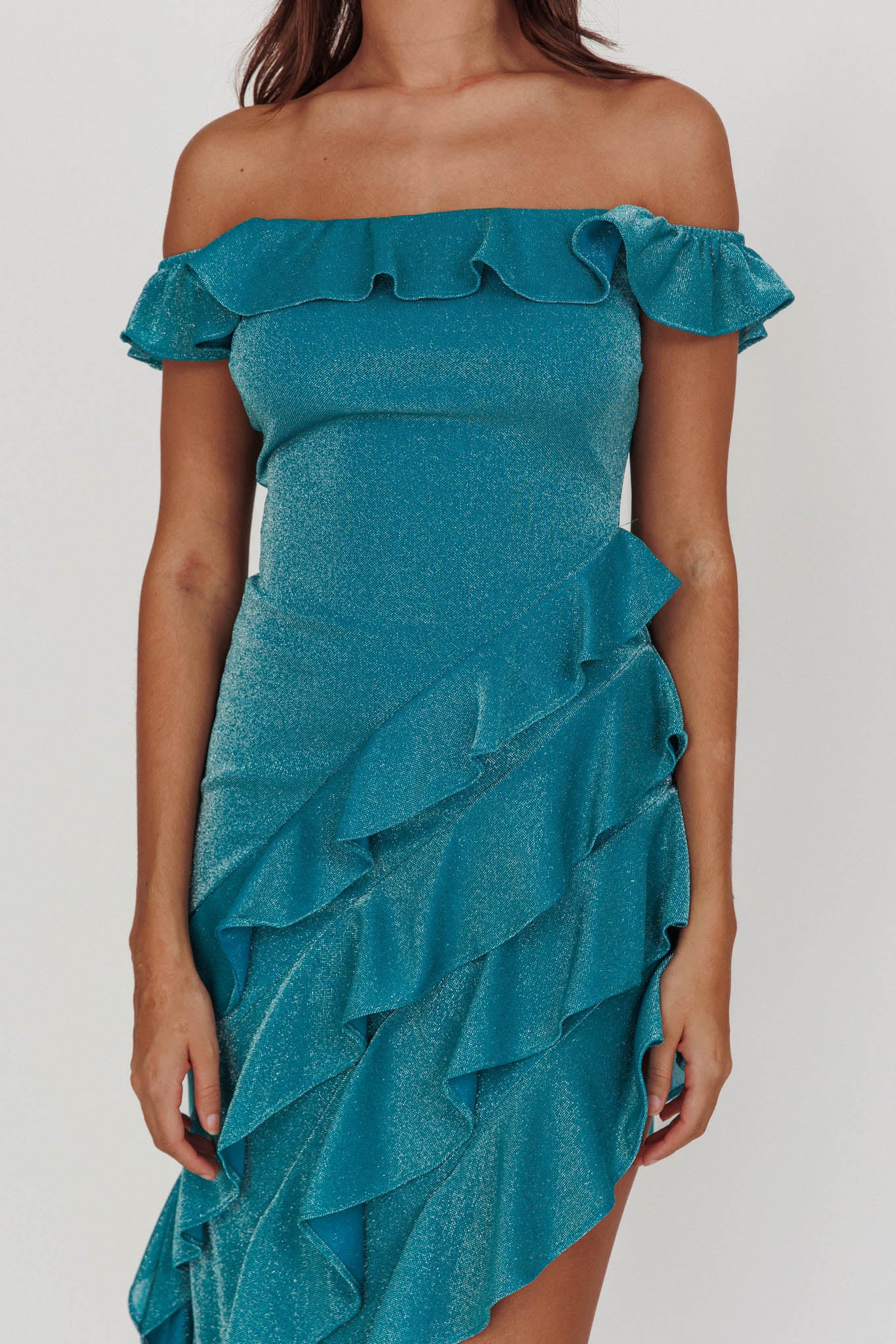 So Into You Off Shoulder Glitter Ruffle Dress Jade by Selfie Leslie Australia