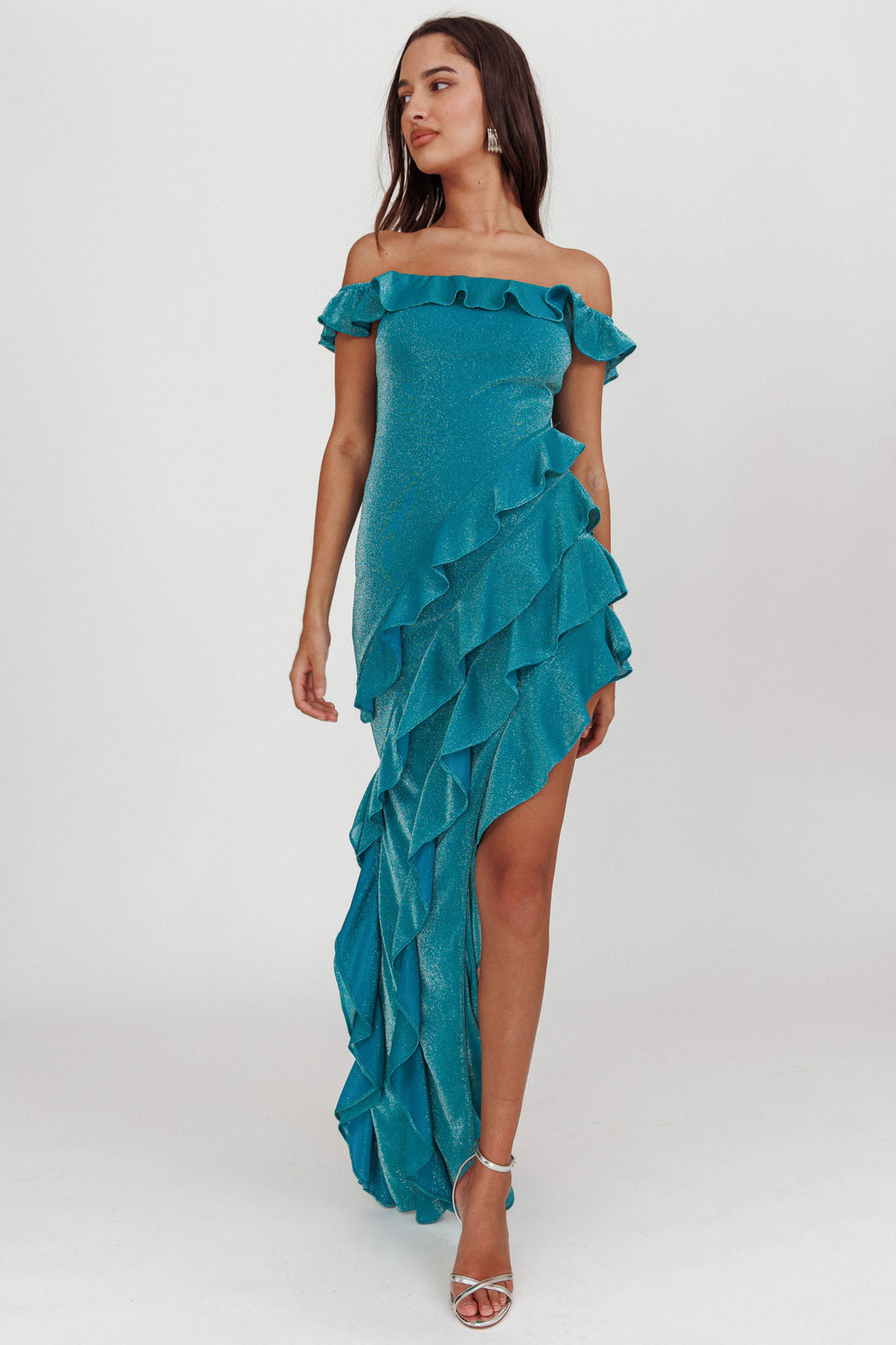 So Into You Off Shoulder Glitter Ruffle Dress Jade by Selfie Leslie Australia