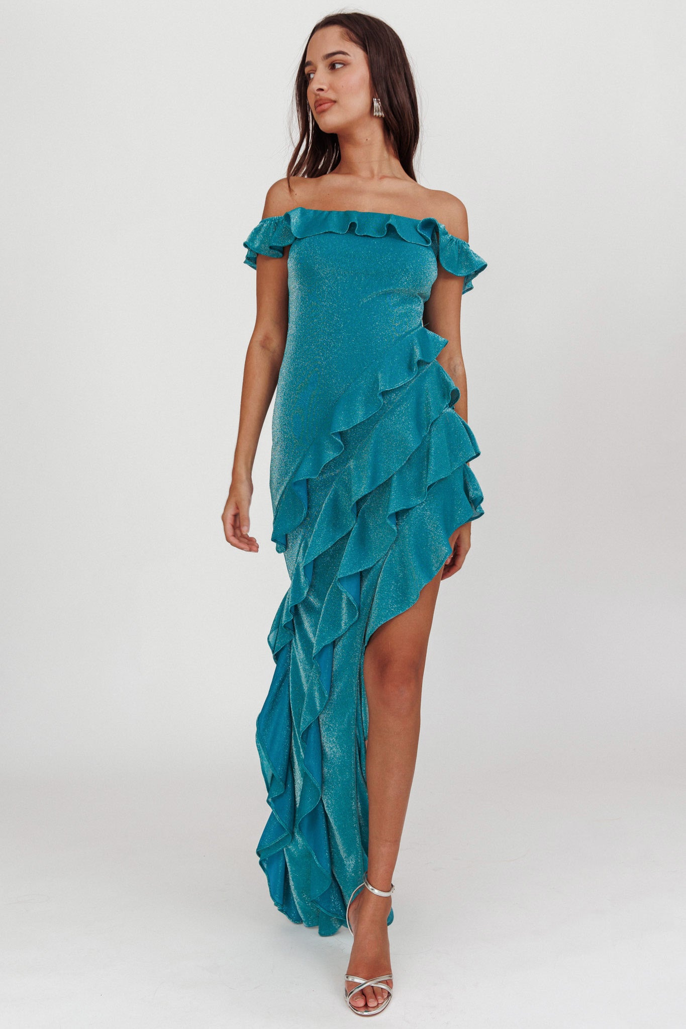 So Into You Off Shoulder Glitter Ruffle Dress Jade by Selfie Leslie Australia