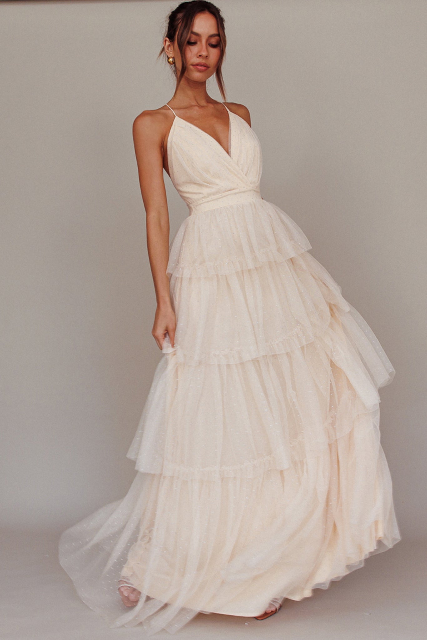 Seylah Tiered Frill Maxi Dress Glitter Cream by Selfie Leslie Australia