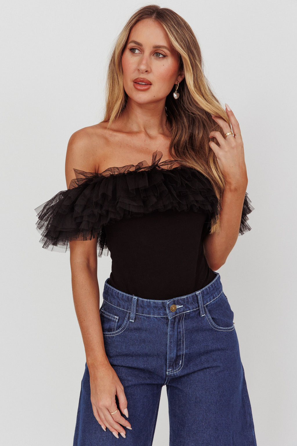 Opera Night Tulle Off-Shoulder Bodysuit Black by Selfie Leslie Australia
