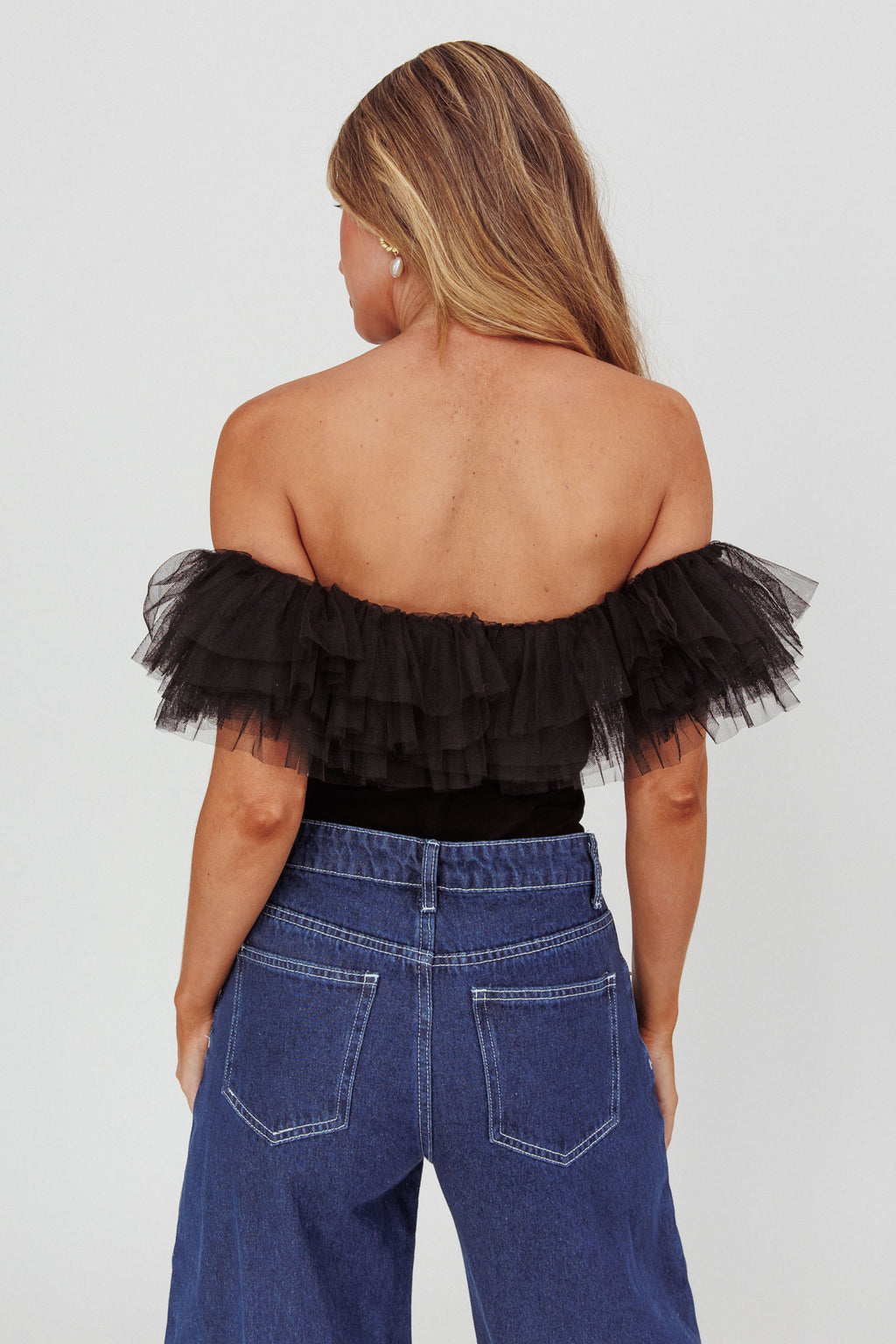 Opera Night Tulle Off-Shoulder Bodysuit Black by Selfie Leslie Australia