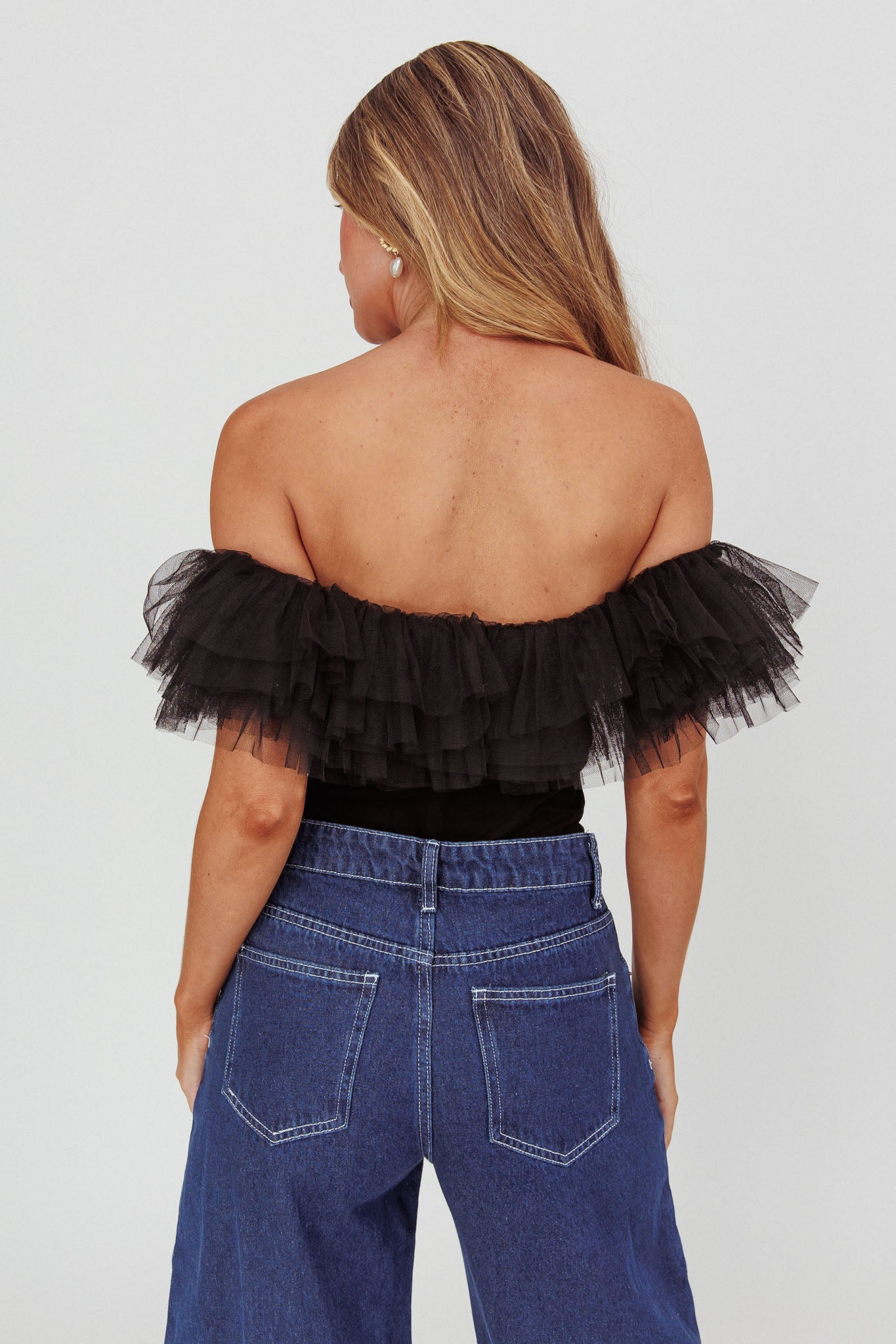Opera Night Tulle Off-Shoulder Bodysuit Black by Selfie Leslie Australia