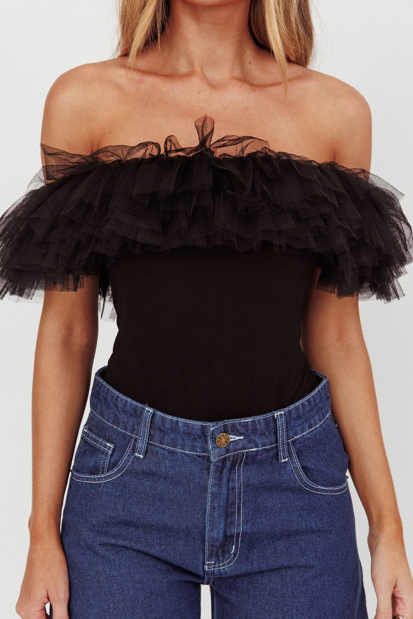 Opera Night Tulle Off-Shoulder Bodysuit Black by Selfie Leslie Australia