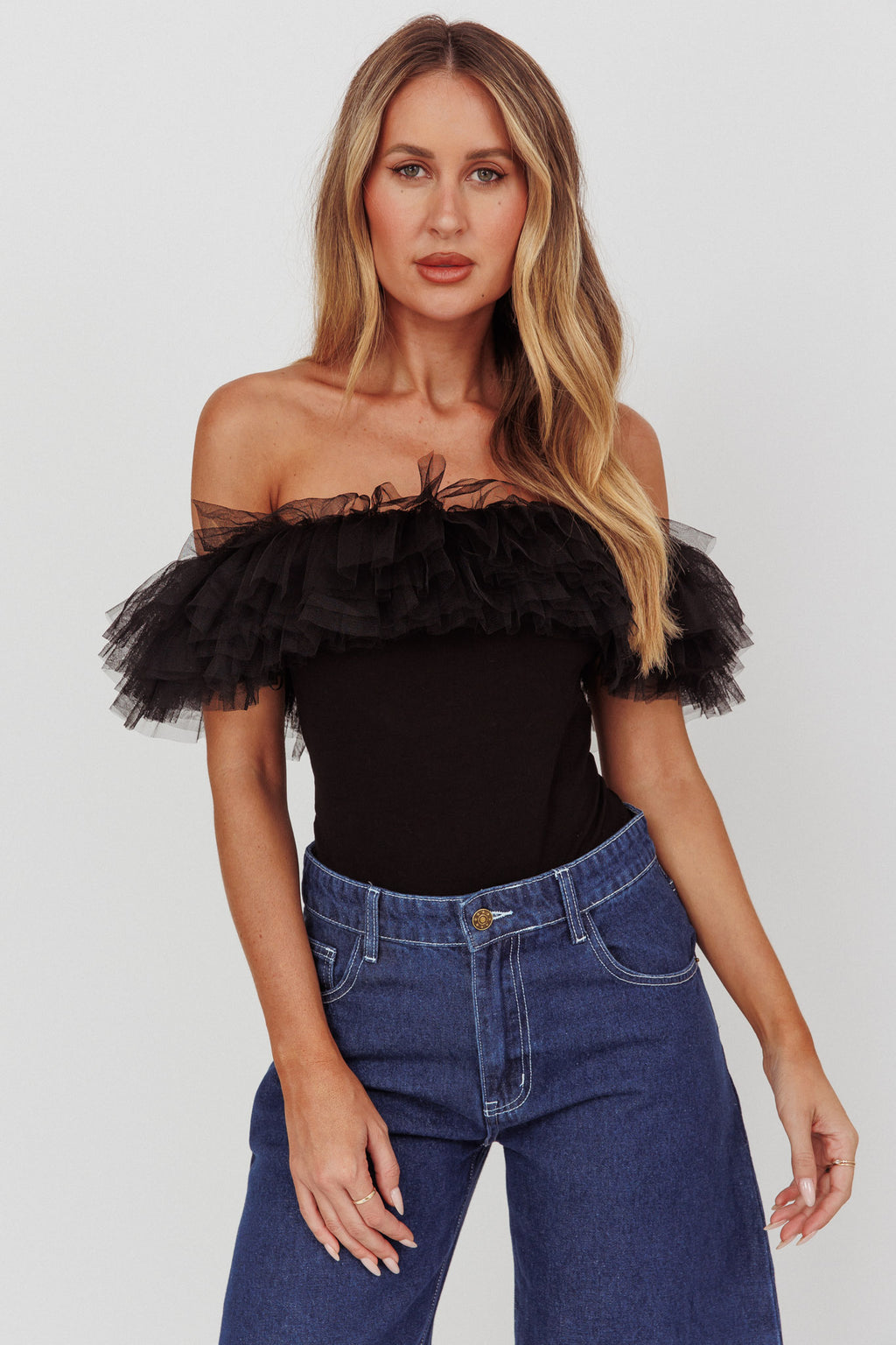 Opera Night Tulle Off-Shoulder Bodysuit Black by Selfie Leslie Australia