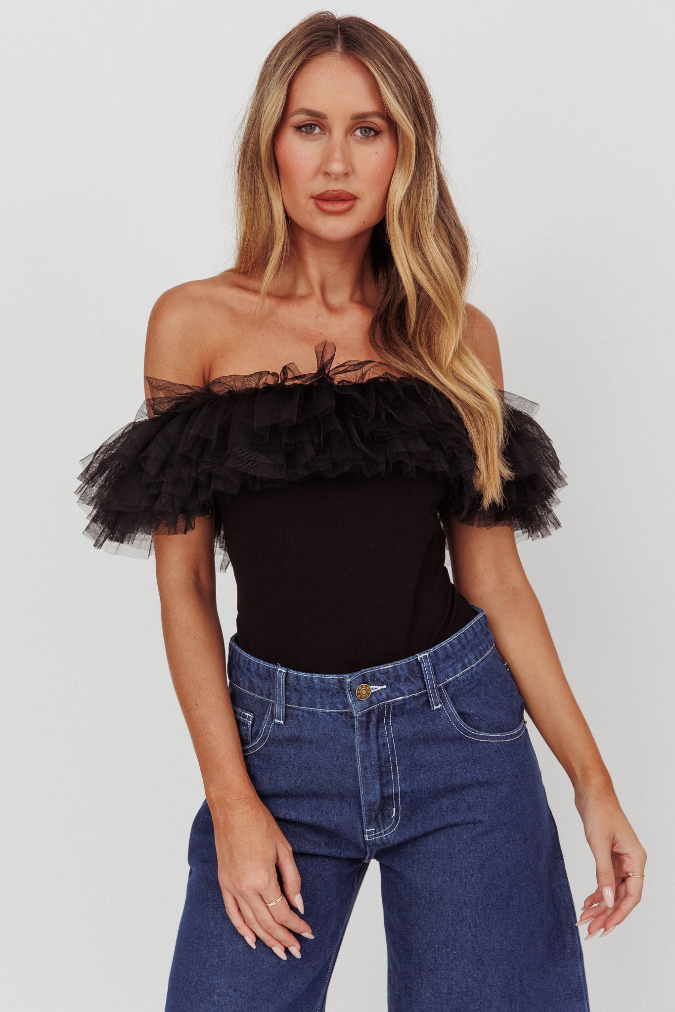 Opera Night Tulle Off-Shoulder Bodysuit Black by Selfie Leslie Australia
