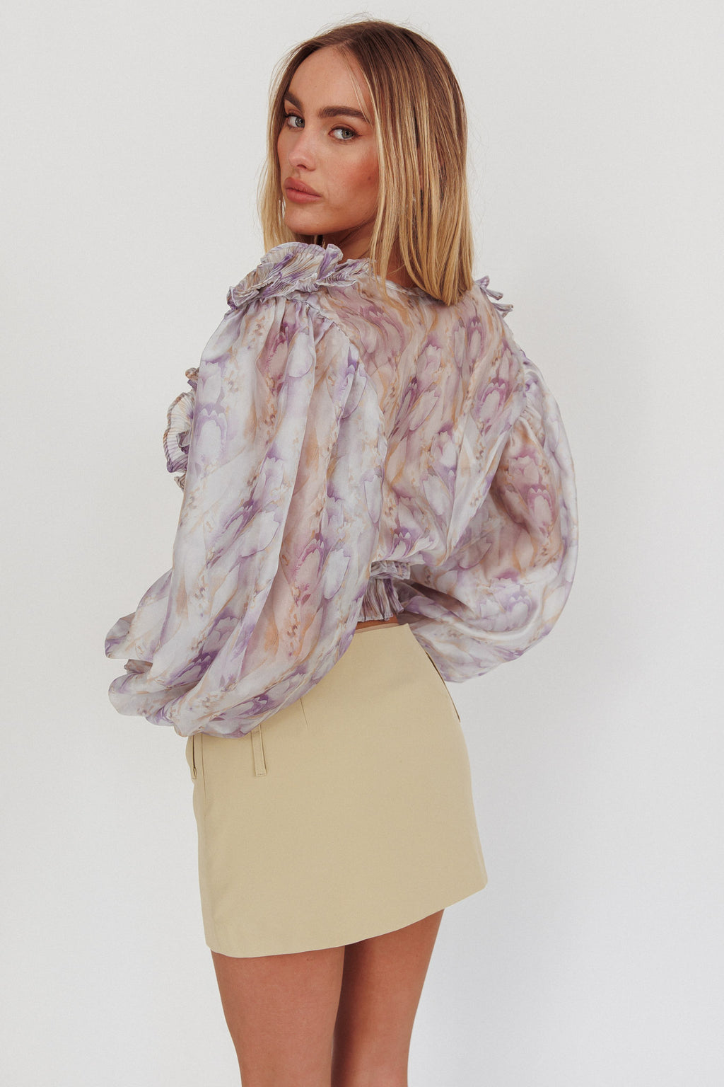 Forever Young Balloon Sleeves Cropped Blouse Purple Multi by Selfie Leslie Australia