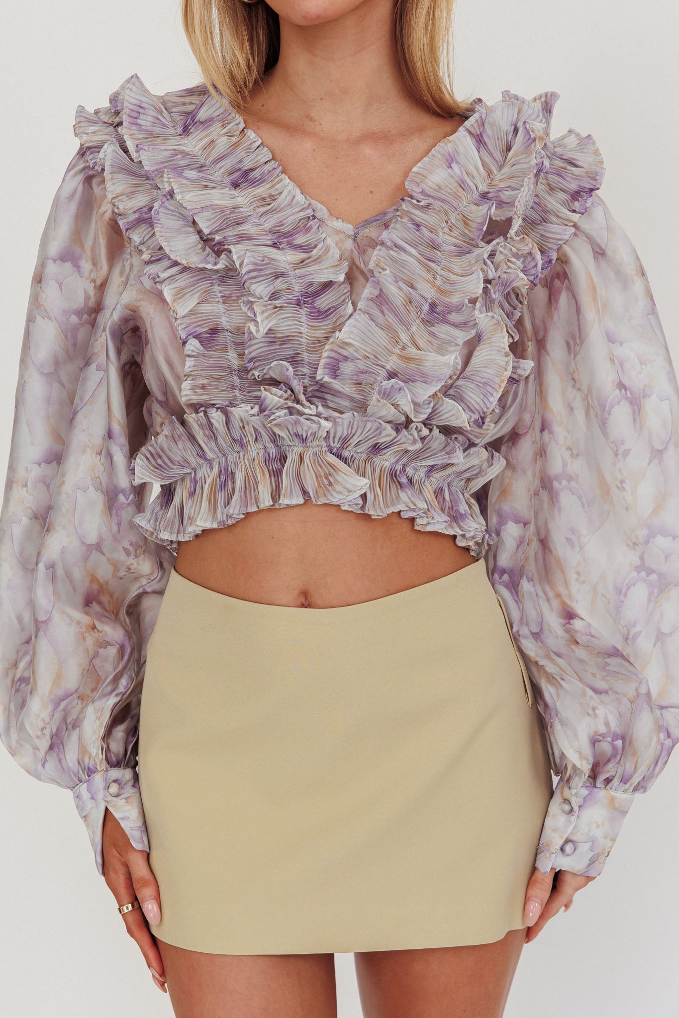 Forever Young Balloon Sleeves Cropped Blouse Purple Multi by Selfie Leslie Australia