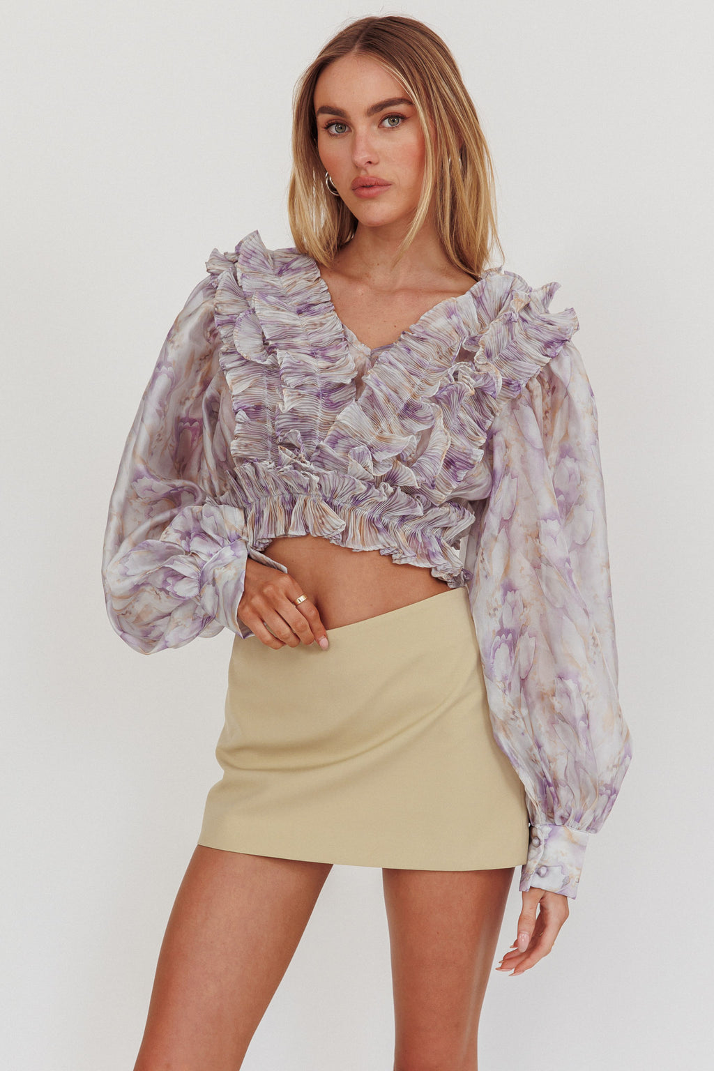 Forever Young Balloon Sleeves Cropped Blouse Purple Multi by Selfie Leslie Australia