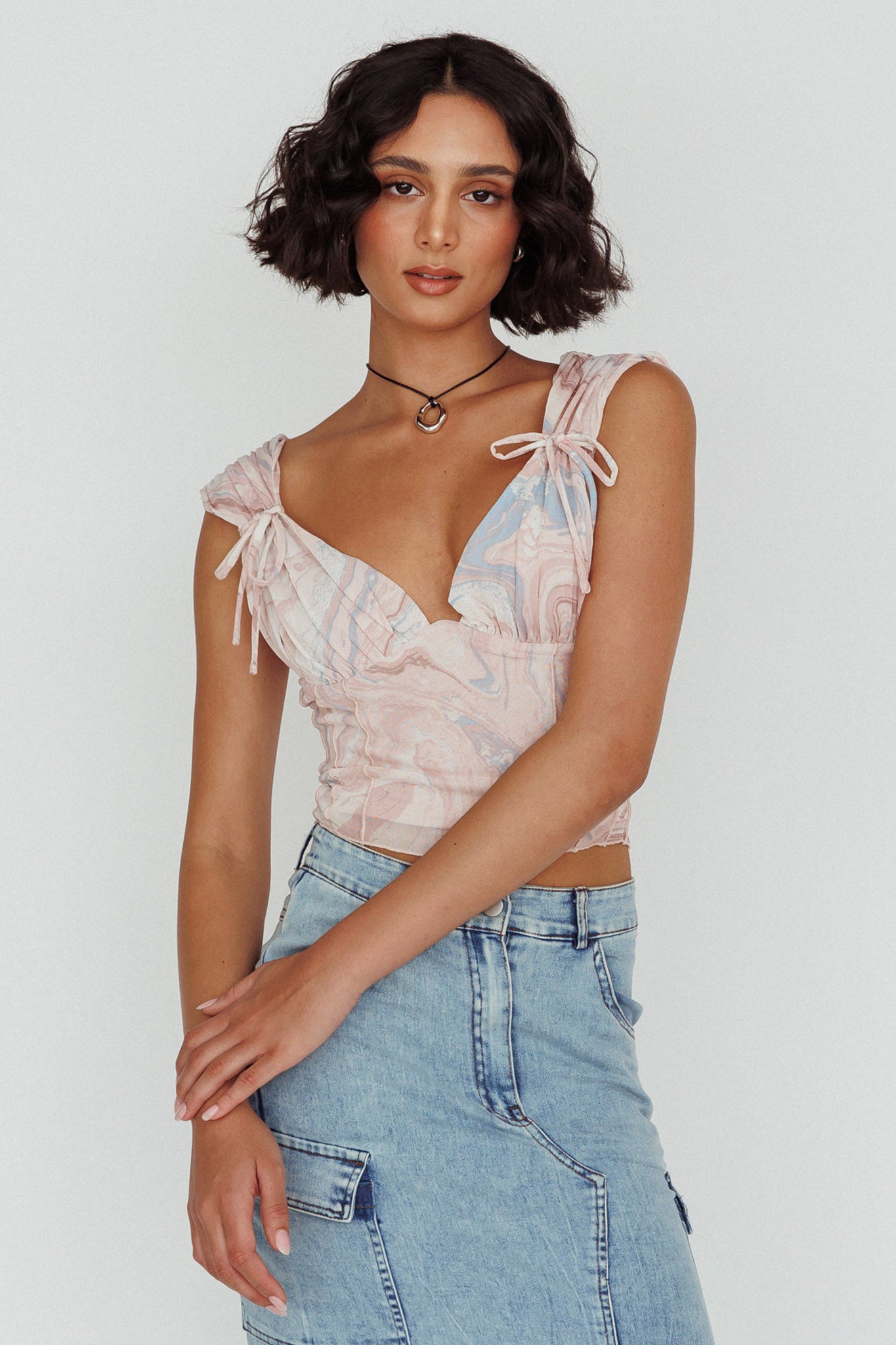 Fairfax Shoulder Tie Crop Top Pink Multi by Selfie Leslie Australia