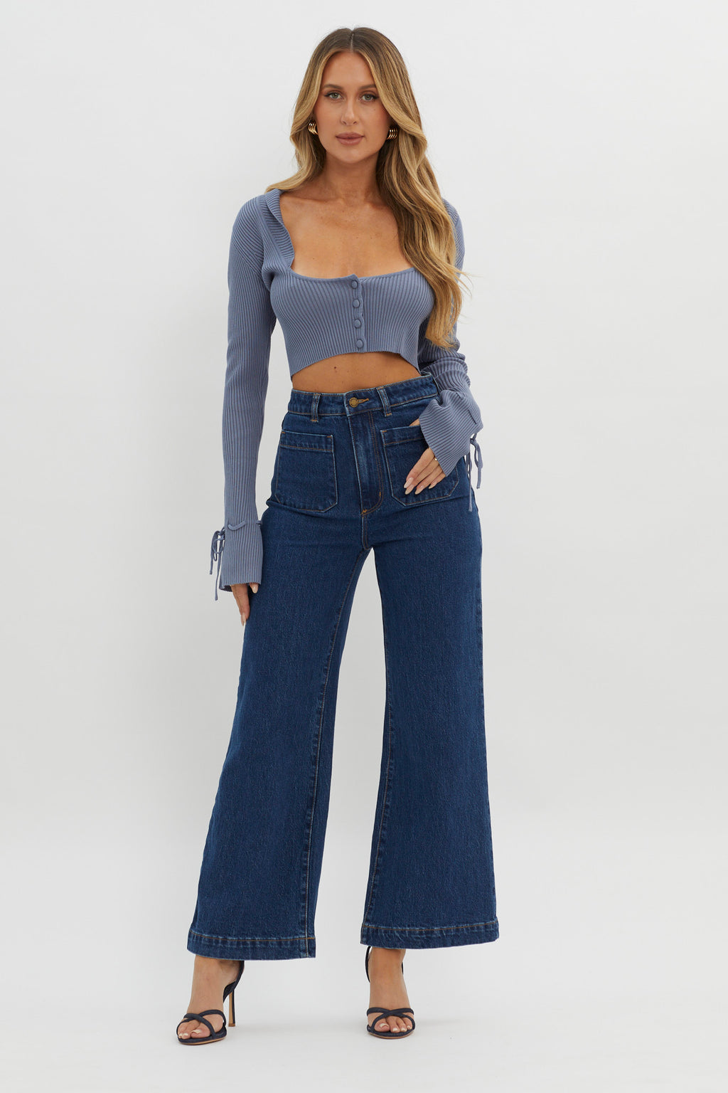 Pippi Flared Cuff Knit Crop Top Dusty Blue by Selfie Leslie Australia